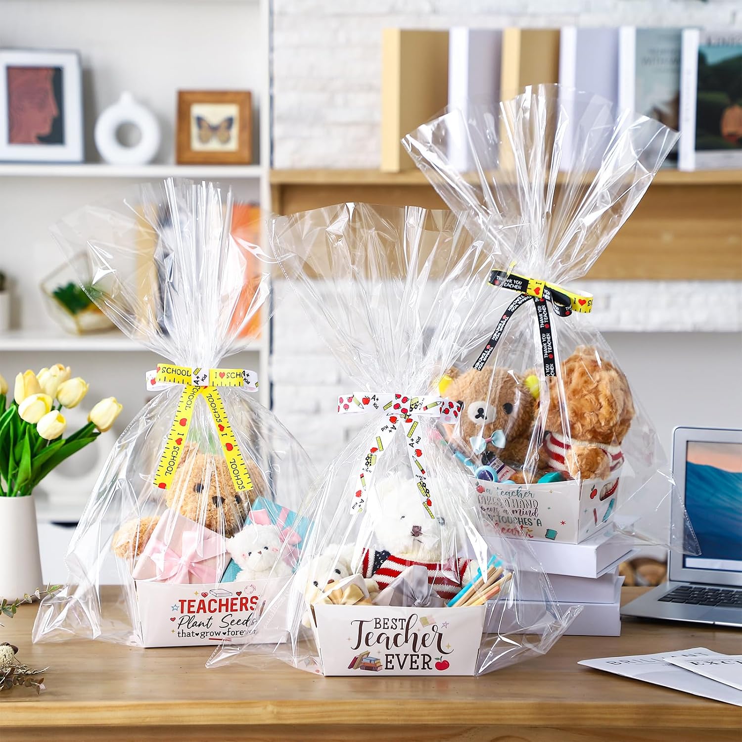 Reallnaive 6 Set Appreciation Teacher Gift Baskets Empty Thank You for Helping Me Grow Treat Boxes Graduation End of Year Gift Bags for Teachers Appreciation
