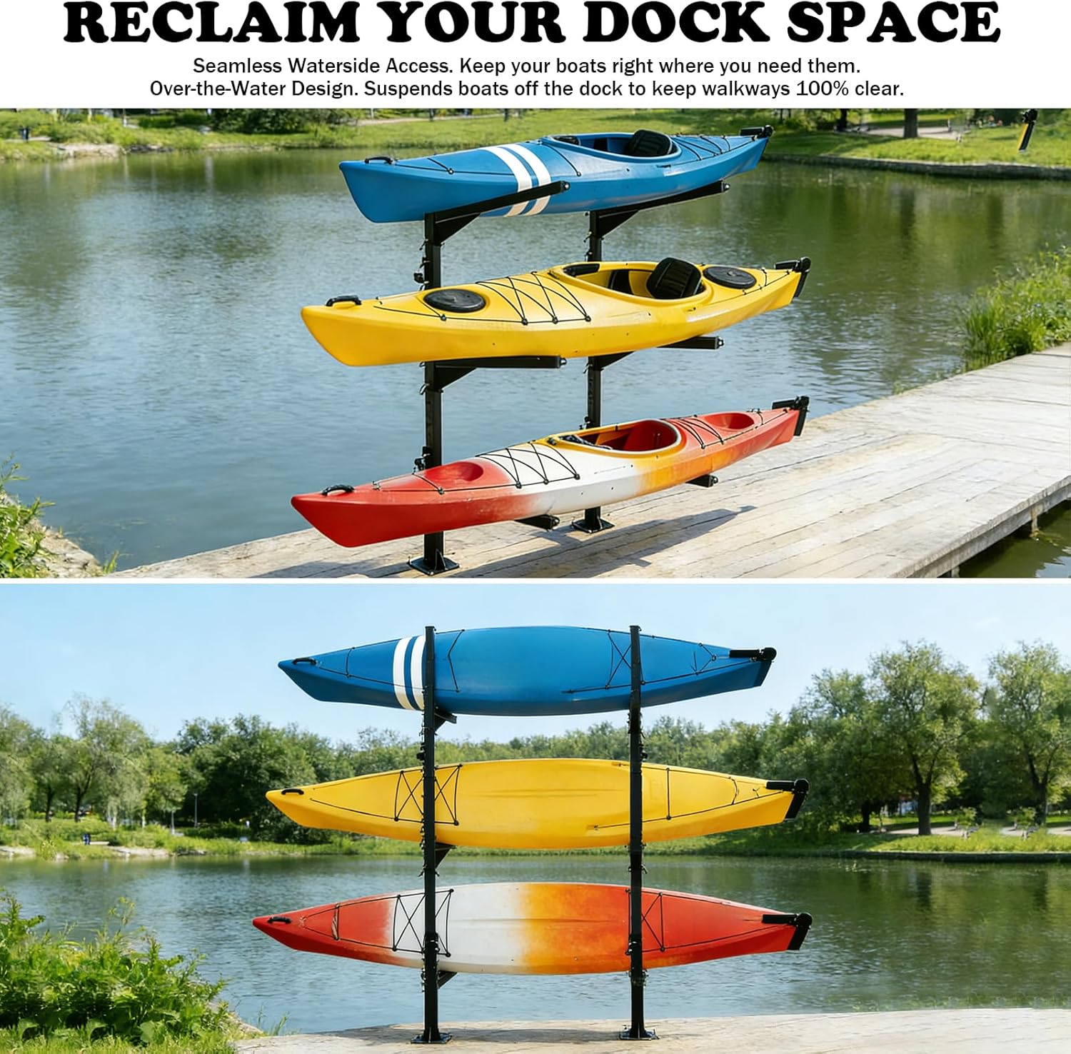 Heavy Duty Kayak Storage Rack for Dock/Garage, Adjustable Freestanding Kayak Stand or Wall Mount Kayak Rack, 3-Tier Indoor Outdoor Canoe Storage Rack for 3-4 Kayaks, SUP & Paddleboard
