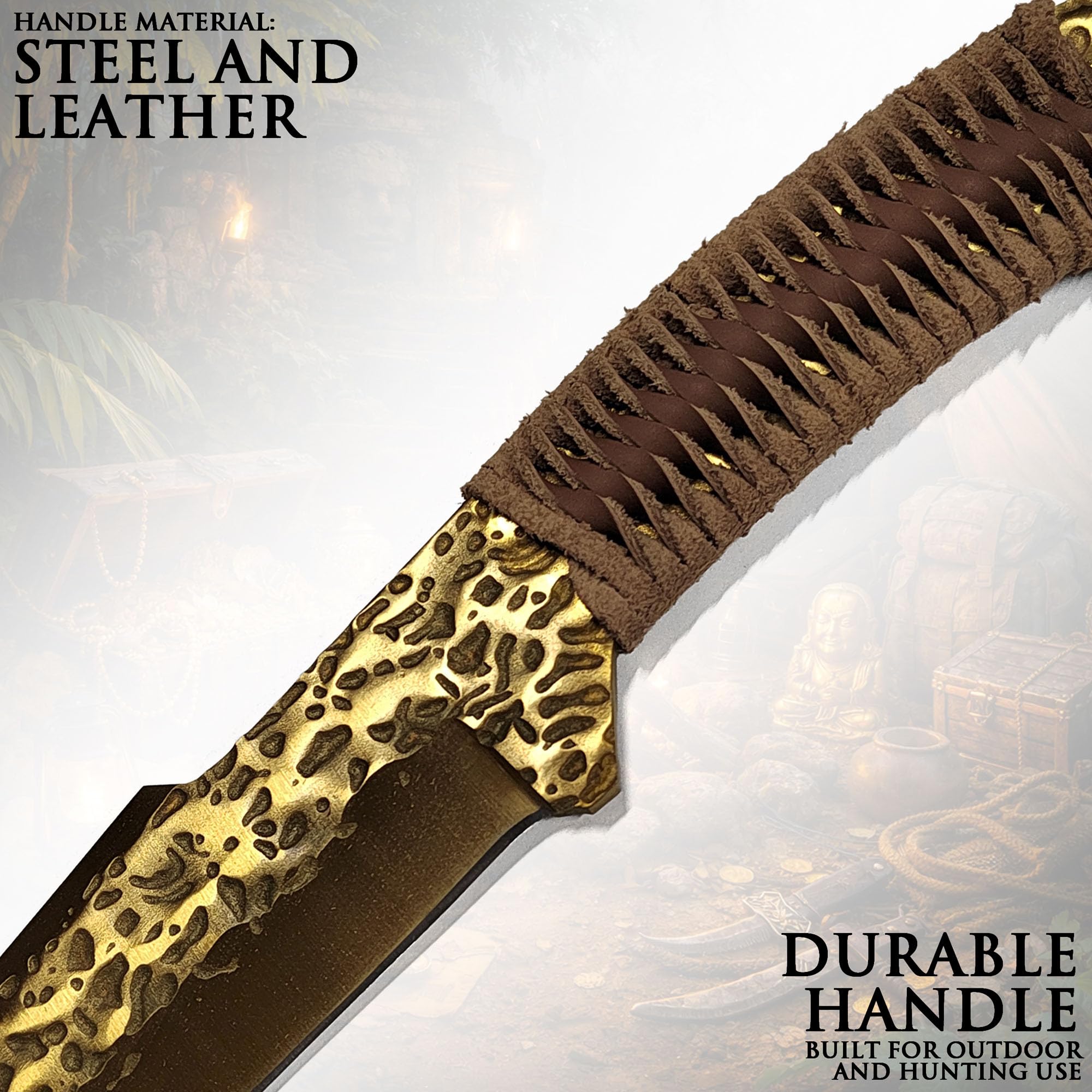 Swords and more Coltello da Caccia Forgiato a Mano Stile Celtico – Lama Dorata in Acciaio 7CR17MOV con Fodero in Pelle – Coltello a Lama Fissa Robusto ed Equilibrato