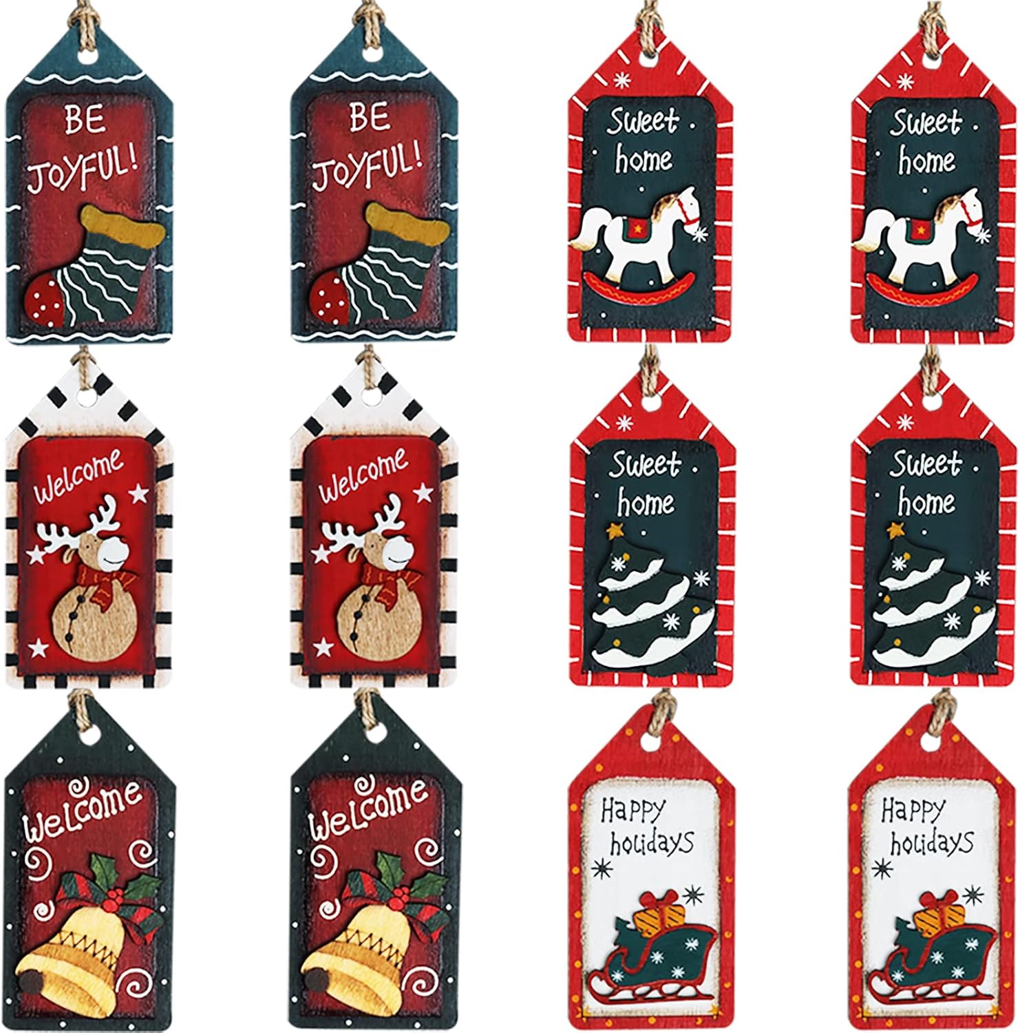 Partybus Christmas Tree Ornaments 12 Pack, Handmade Wood Slices with Burlap Hanging String for Outdoor Holiday Home Decorations, Bulk Country Rustic Unfinished Wooden Gift Name Tags Set : Home & Kitchen