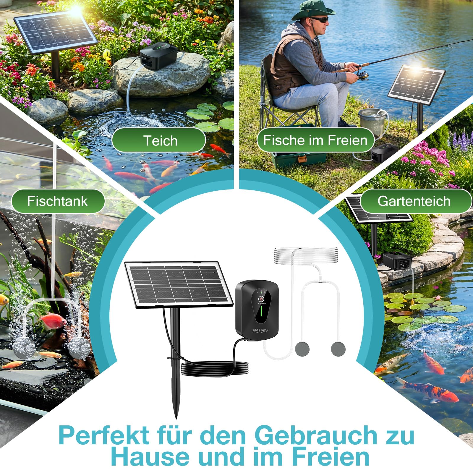 AMZtime Solar Sauerstoffpumpe für Gartenteich, 4.5 W Solar Teichbelüfter, Sauerstoffpumpe Oxygenator mit 2200 mAh Akku, Sauerstoff Luftpumpe 3 Modi 2 Luftsteine für Teich, Gartenteiche, Aquarium