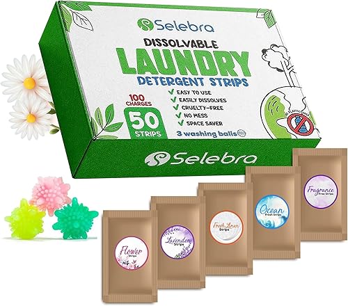 Eco Sheets - Detergente para ropa con 5 aromas diferentes (100 cargas), 50 tiras de aroma fresco, sin plástico, tecnología sin líquidos, tiras de