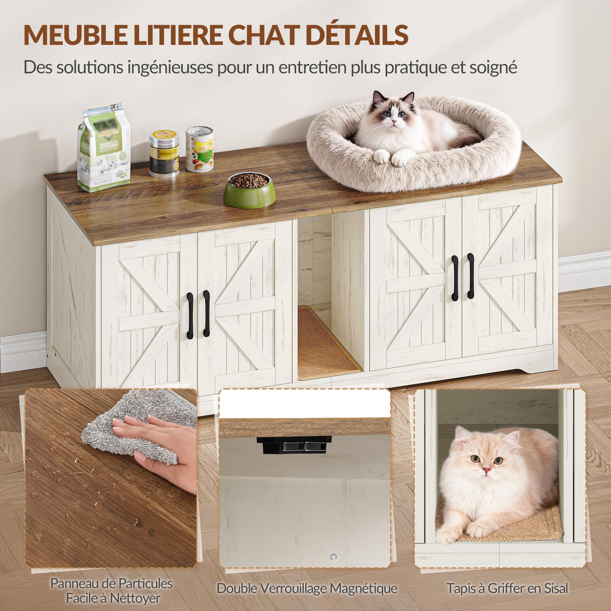 Meuble Litiere pour 2 Chats, 140 x 50 x 55 cm, Marron et Blanc | Meuble Cache Litiere Chat, Maison de Toilette Chats en Bois avec Tapis à Griffer, Maison pour Chat D'intérieur FPCB103PWR1