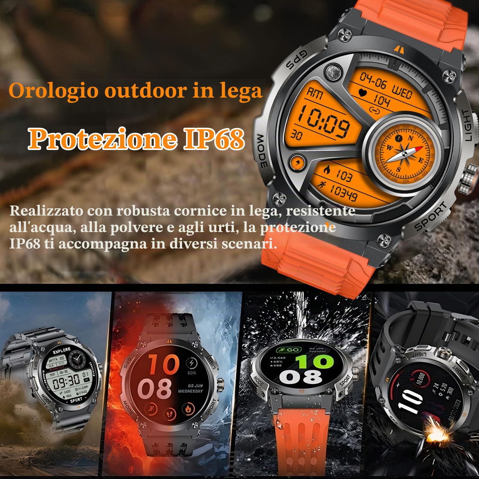 Orologio GPS per attività all'aperto, militare, fitness tracker da uomo con bussola, altimetro, barometro IP68, impermeabile, 100 + modalità sportive, orologio fitness con frequenza cardiaca