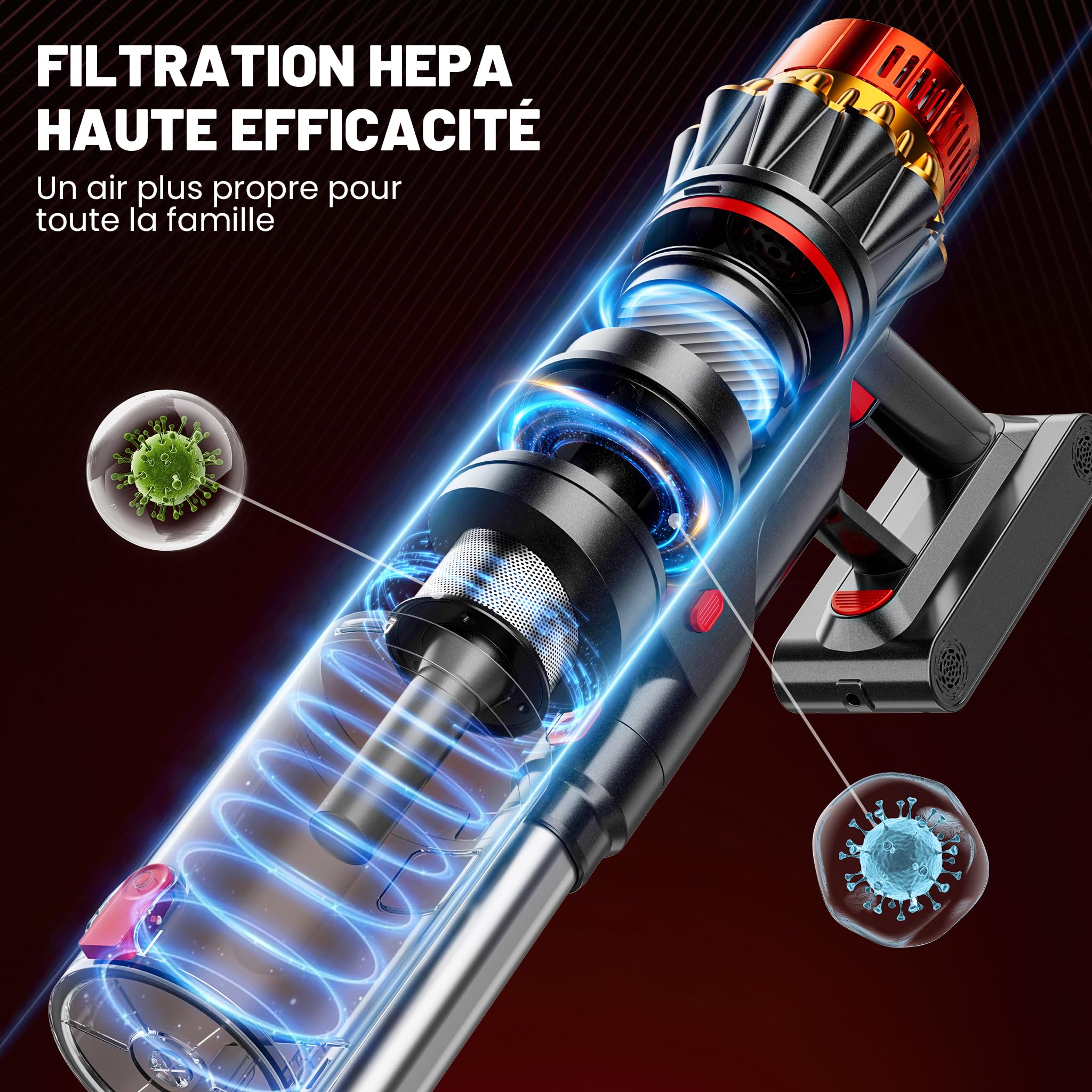 Aspirateur Balai sans Fil, 550W/75kPa, Autonomie 70 Min, Aspirateur à Main sans Sac, Position Verticale, LED Verte, Brosse Anti-Emmêlement, Filtre HEPA Lavable, Collecteur 1,6 L