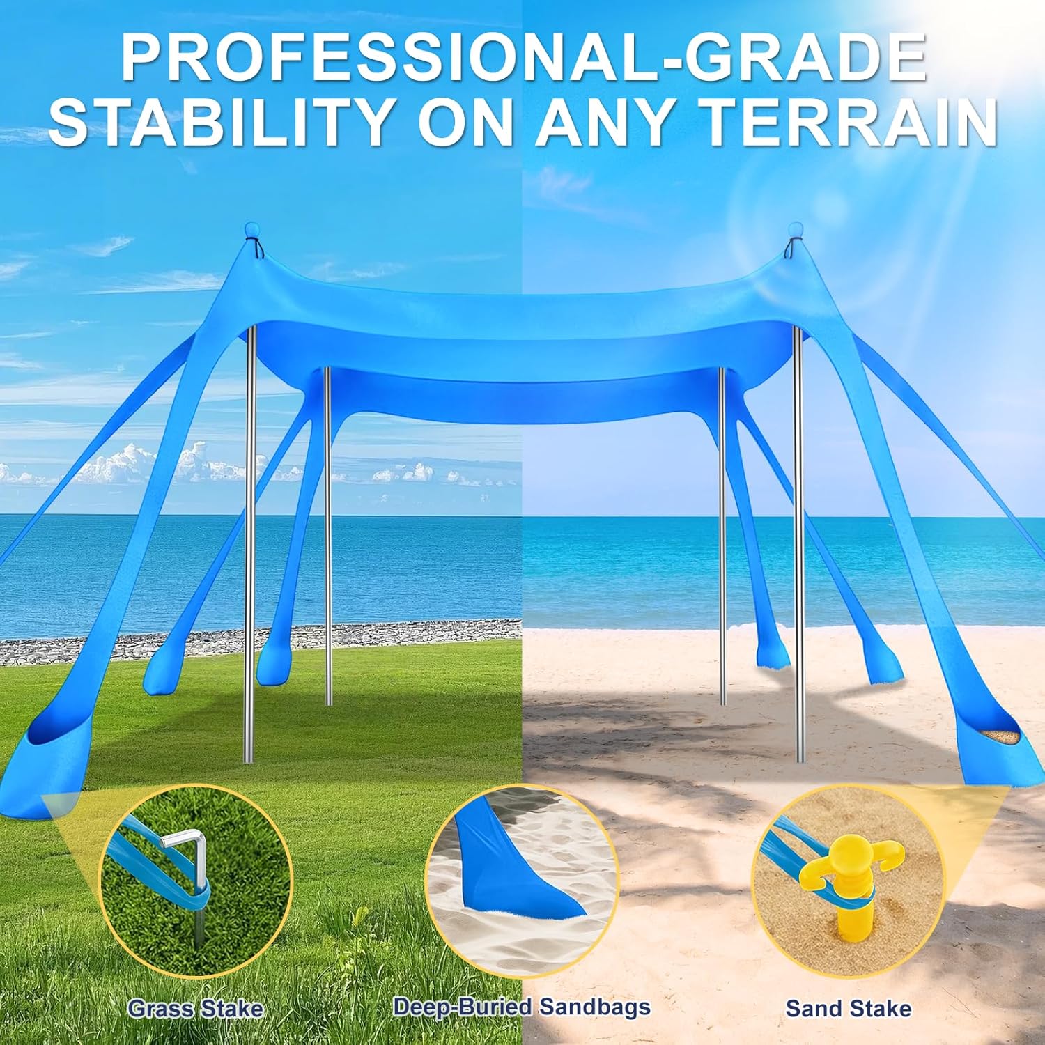 Beach Tent Sun Shelter UPF 50+,10x10 FT Beach Canopy Tent Sun Shade,Pop Up Beach Canopy with 8 Sandbags, Outdoor Beach Shade for Camping Trips, Fishing, Backyard Fun Picnics (Sky Blue)