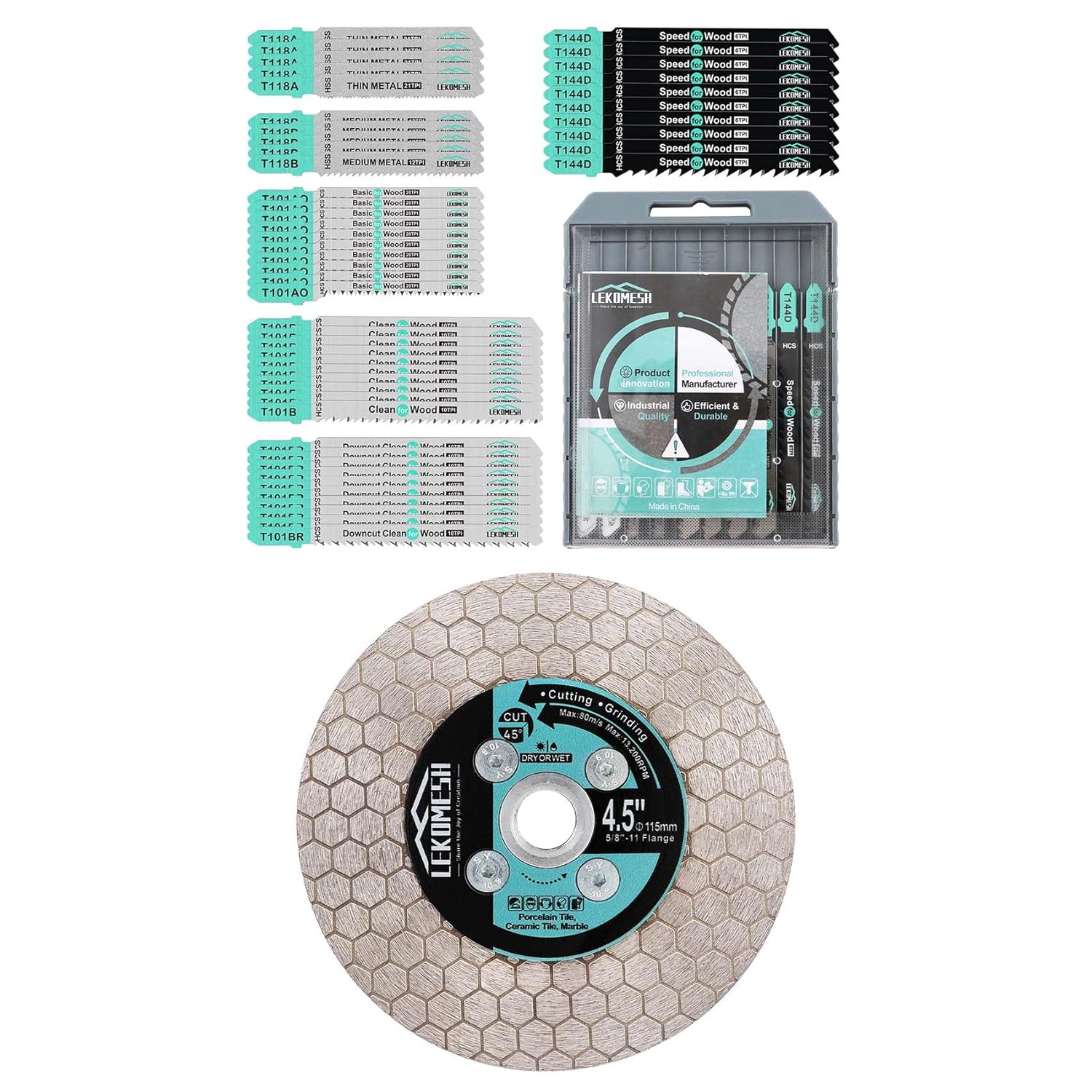 50 PCS Contractor Jigsaw Blades Set - Assorted T-Shank Jig Saw Blades for Wood, Plastic and Metal Cutting and LEKOMESH 4.5 Inch/115MM Diamond Cutting Disc