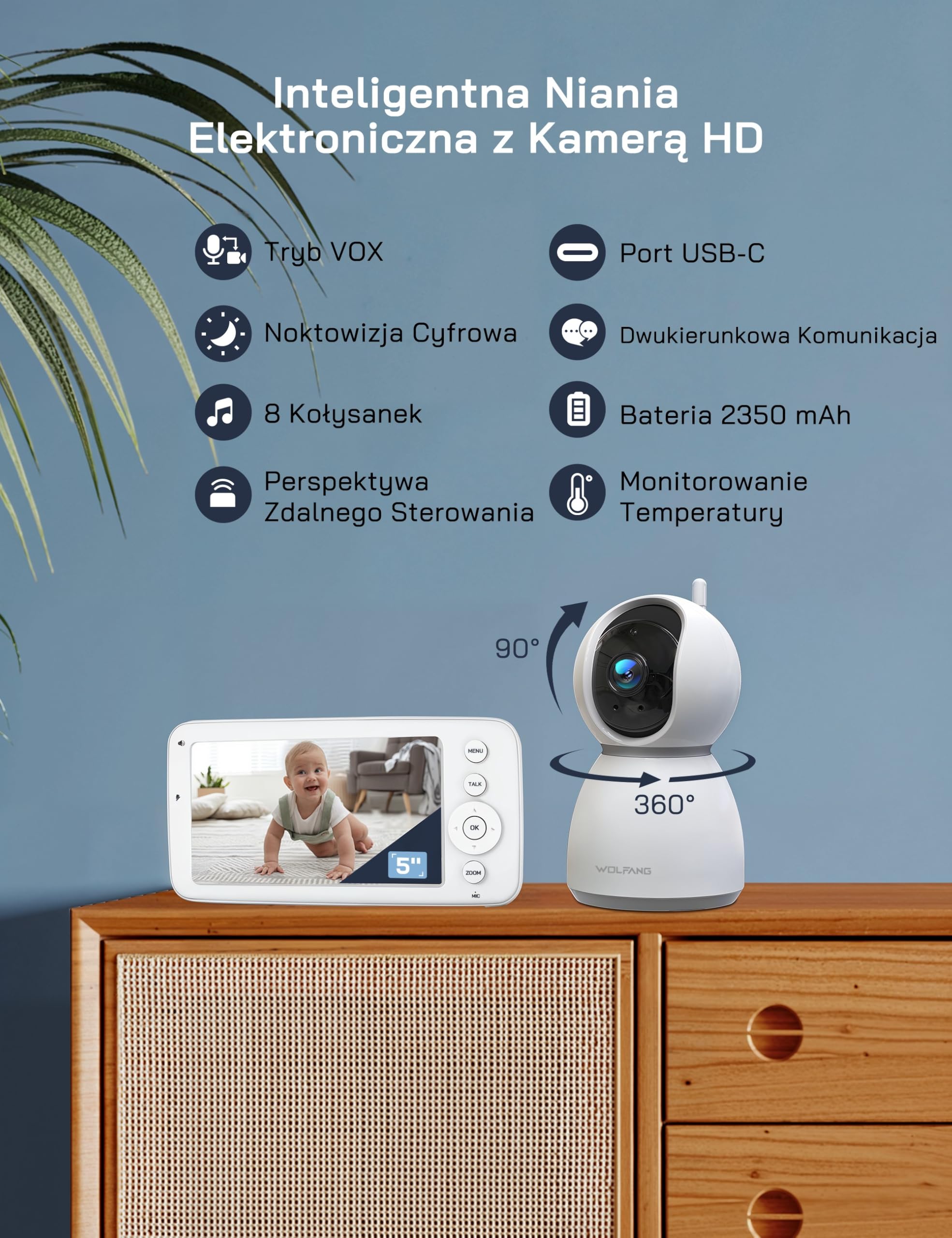 WOLFANG WB03 Baby Monitor 5" 720P z 10-godzinną baterią, kamera 1080P z noktowizorem i 2-krotnym zoomem cyfrowym, monitor wideo Pan-Tilt-Zoom bez WiFi, 2-drożna rozmowa, temperatura, 8 kołysanek