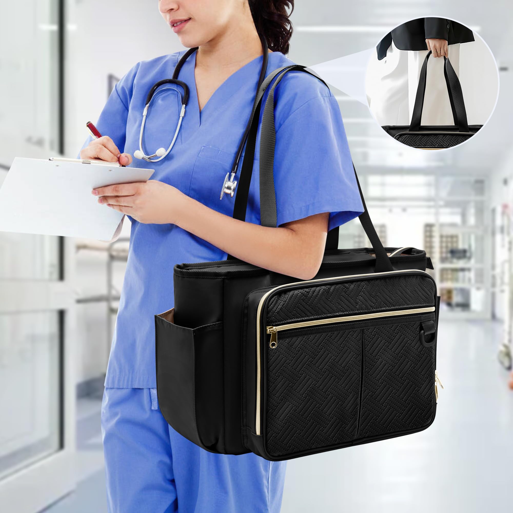 Borsa Tote per Infermiere da Donna, Borsa Clinica per Infermieri con Organizer a Fisarmonica, Accessori per Infermieri per Lavoro e Assistenza Sanitaria a Casa, Nero
