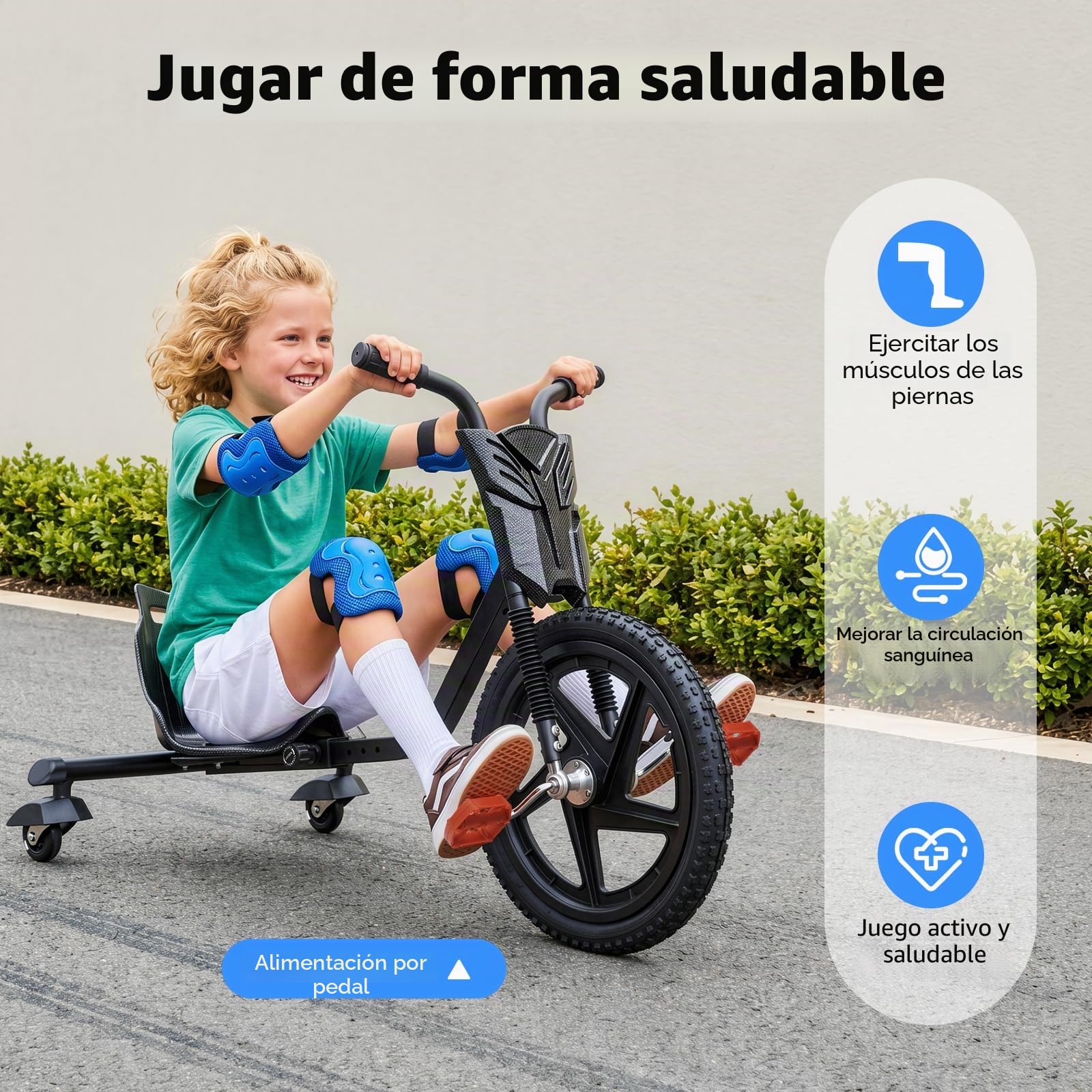 Drift Triciclo de Pedales para Niños a partir de 6 años con ruedas LED, bicicleta con pedales, pedal Go Kart, 4 posiciones de ajuste, ruedas delanteras 40 cm, carga de 80 kg, regalo exterior parque