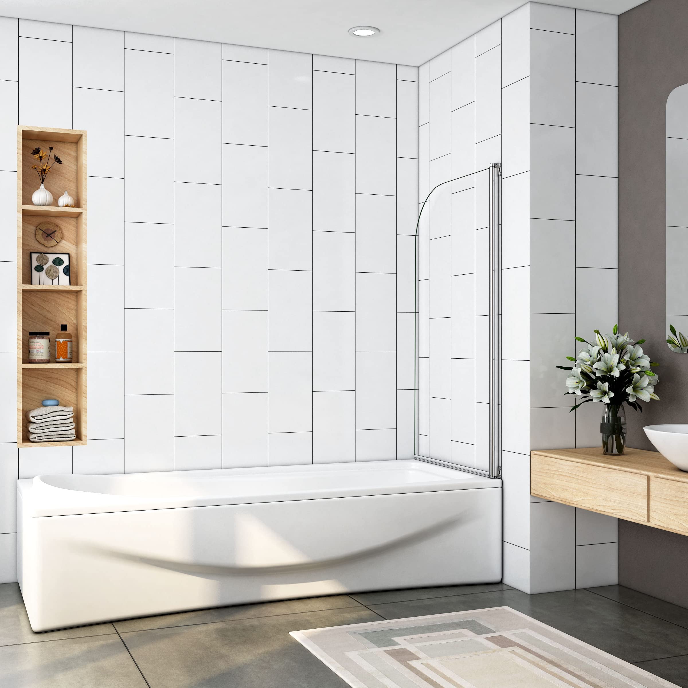H.130cm Sopravasca da Bagno Doccia Girevole 180 Gradi 70cm Vetro 5mm Cromo | Temperato Trasparente
