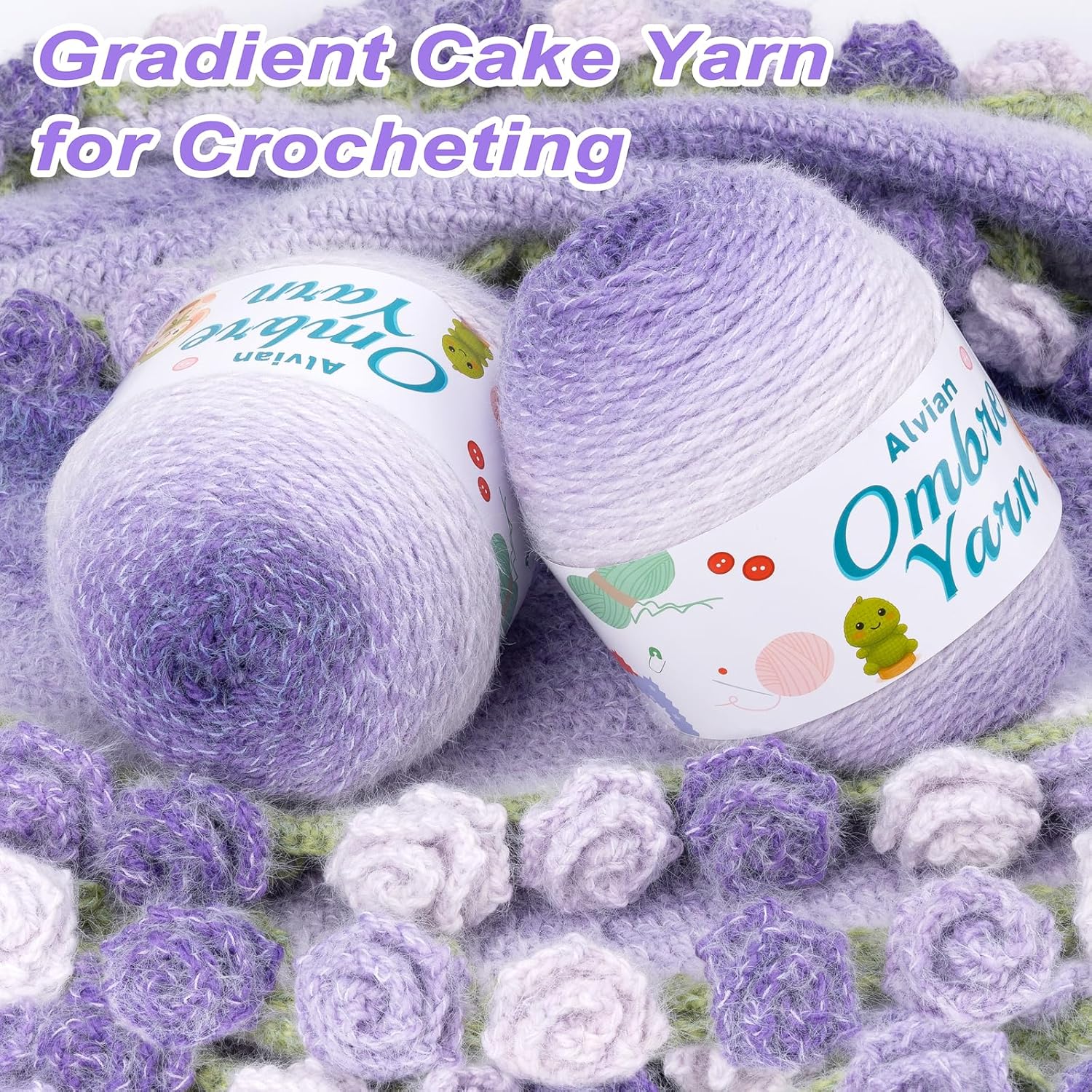 Alvian Ombre Crochet Cake Yarn for Crocheting, 2 Large Skeins Gradient Cake Yarn 200g (7.05 oz) 380m (415 Yards), Ombré Yarns Cake Rainbow Cotton Yarn for Blankets, Scarves, Shawls (Purple)