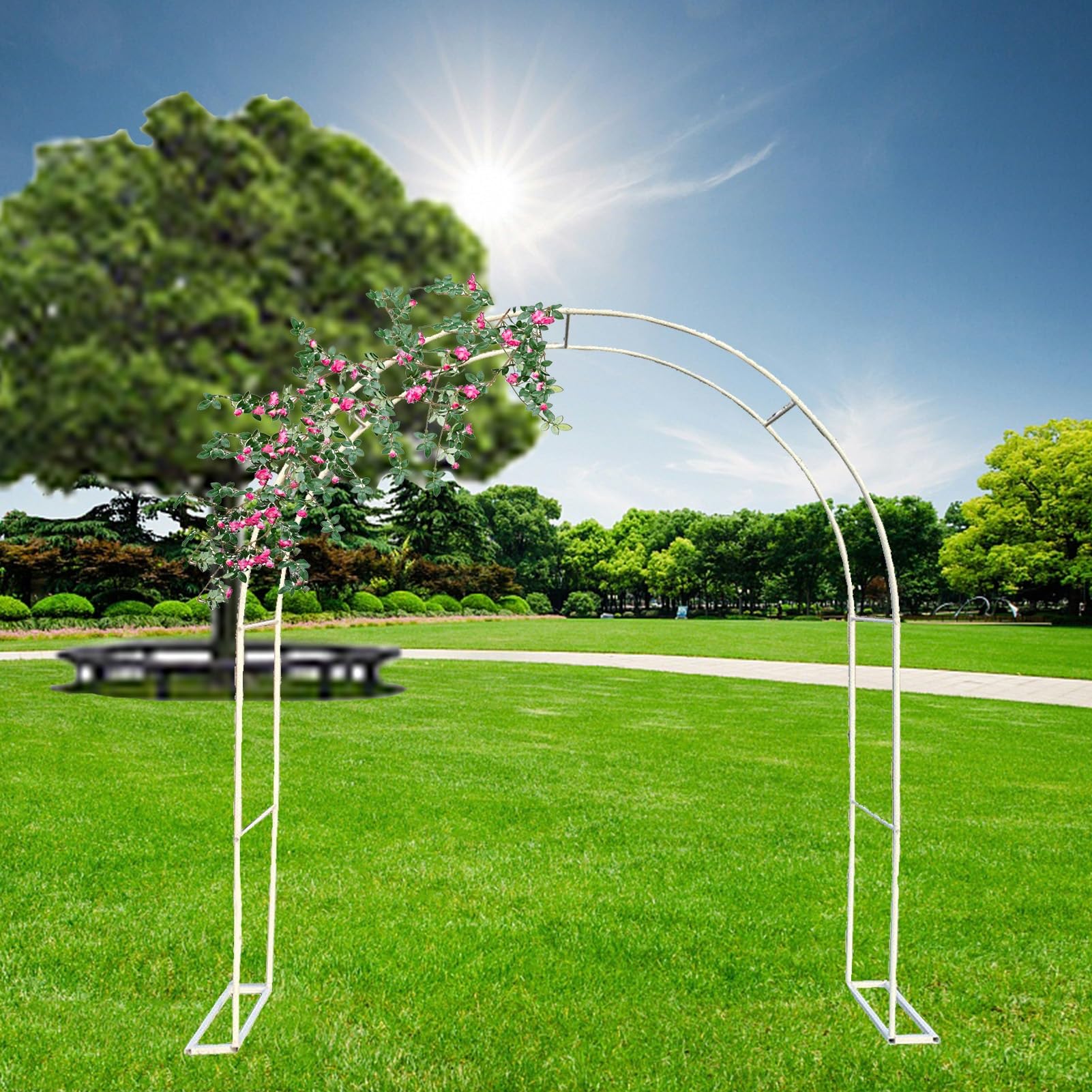 Biały metalowy łuk ogrodowy, żelazna pergola do roślin pnących, róż i winorośli, elegancka krata, na podwórko, trawnik, dekoracje ślubne i rośliny domowe, solidna konstrukcja