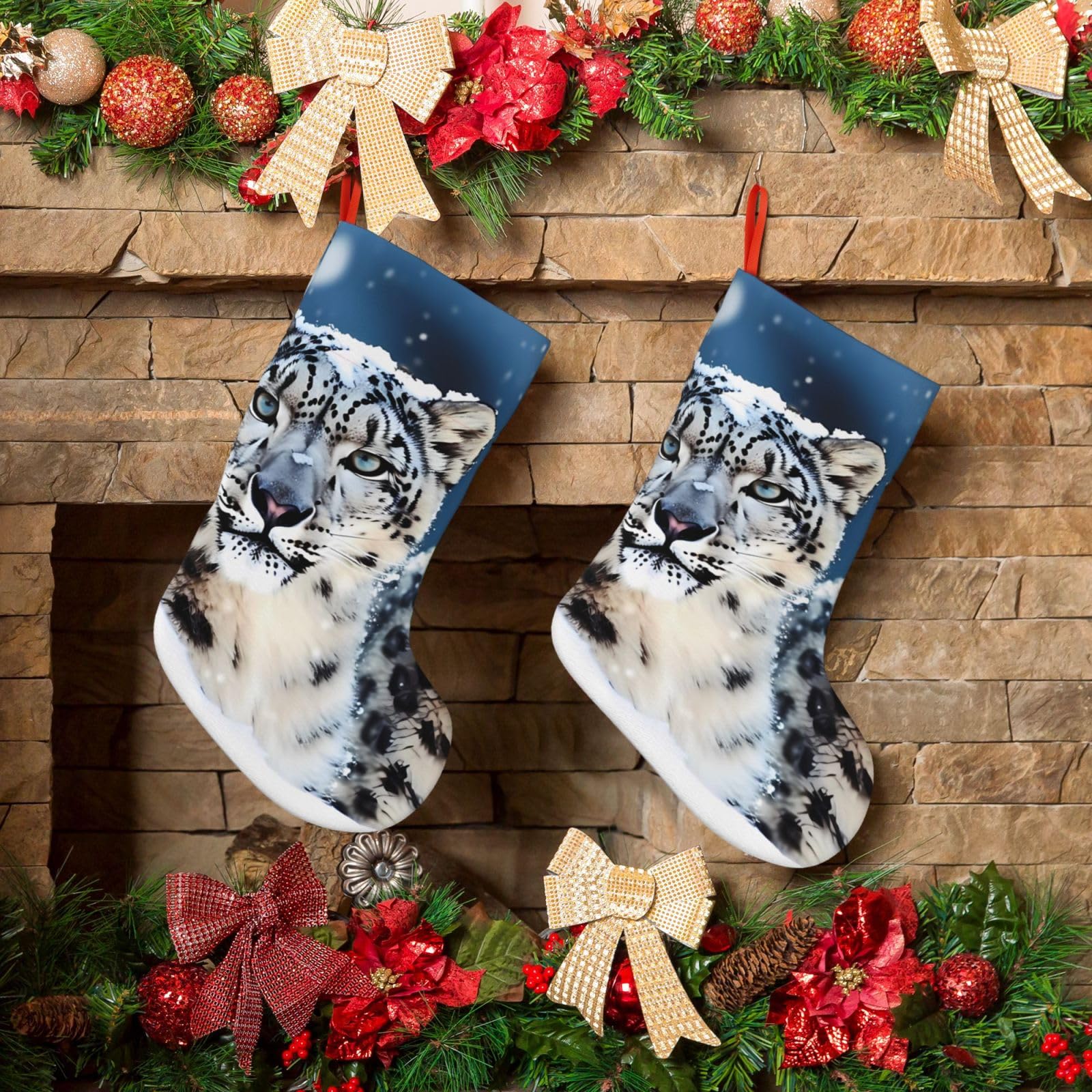 KLOPH Christmas Stockings 18" Personalized Xmas Stocking Blue Eyed Snow Leopard Decoration Stocking Hanging Fireplace Stocking for Holiday Xmas Tree Christmas Fireplace Decor