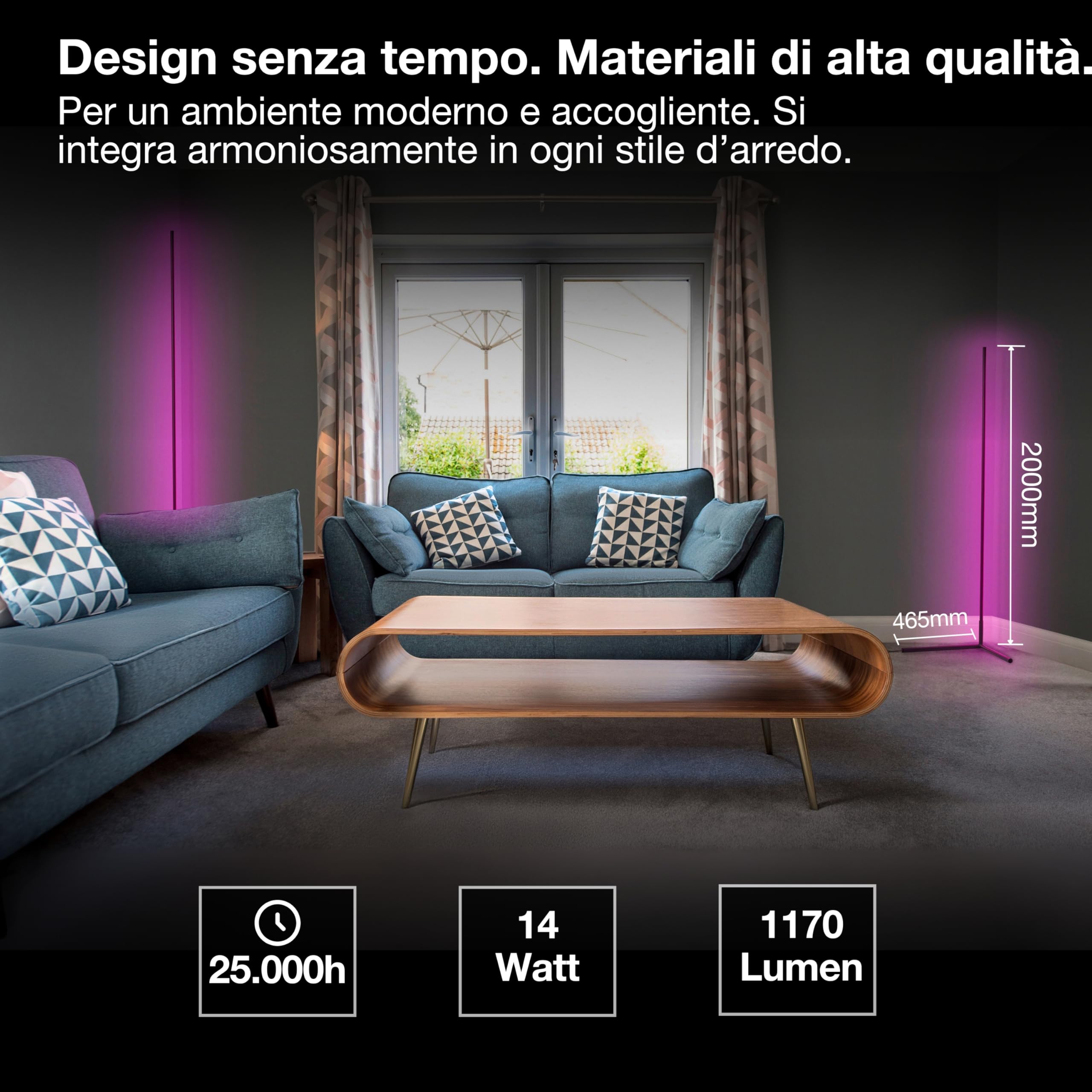 OSRAM Lampada da terra LED Matter over Wifi Floor Corner 2000 mm, 20 W, RGBW, 2700-6500 K, WiFi, telecomando, nero, luce ambientale