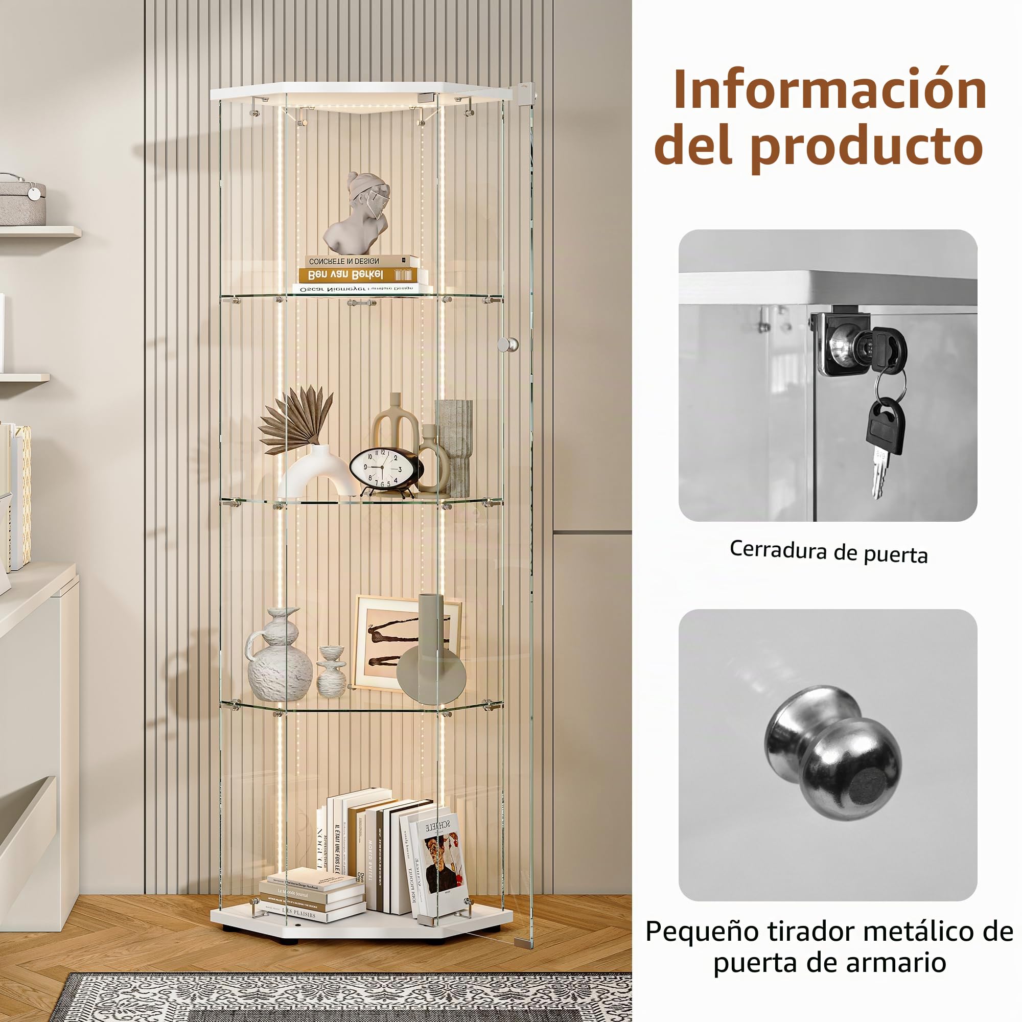 Vitrina de Cristal de Esquina, Vitrina de Cristal con LED, 4 estantes 1 Puerta con Puerta,Moderna Vitrina de Vidrio con Cerradura Vitrina Mueble Transparente para salón Bar 162 x 60 x 42.5 cm