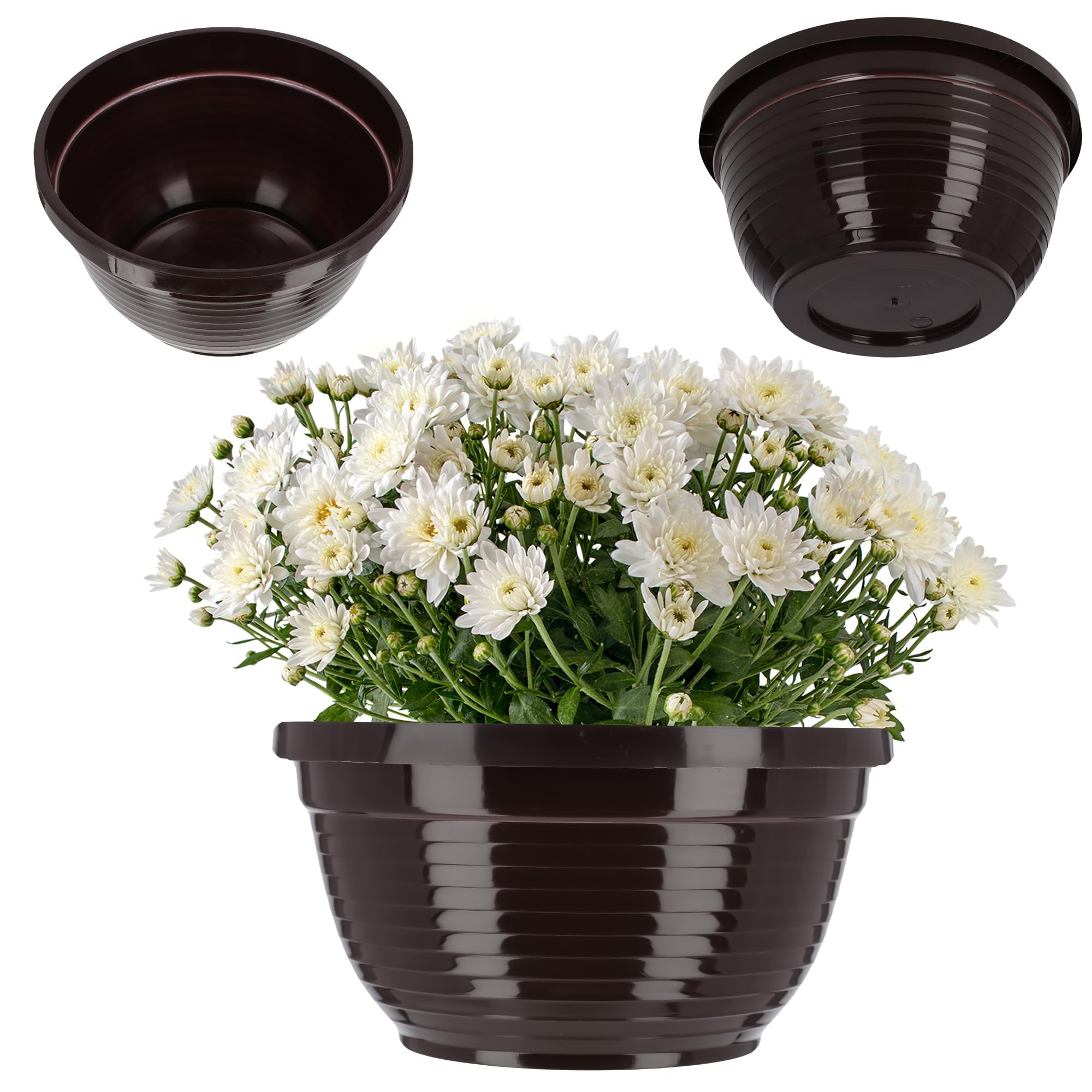 KADAX Pot en plastique, pot de fleurs rond, pot de plantes résistant aux intempéries pour l'extérieur, vase funéraire, pot léger en forme de boule pour fleurs, pot de plantes (⌀ 18 cm, brun)