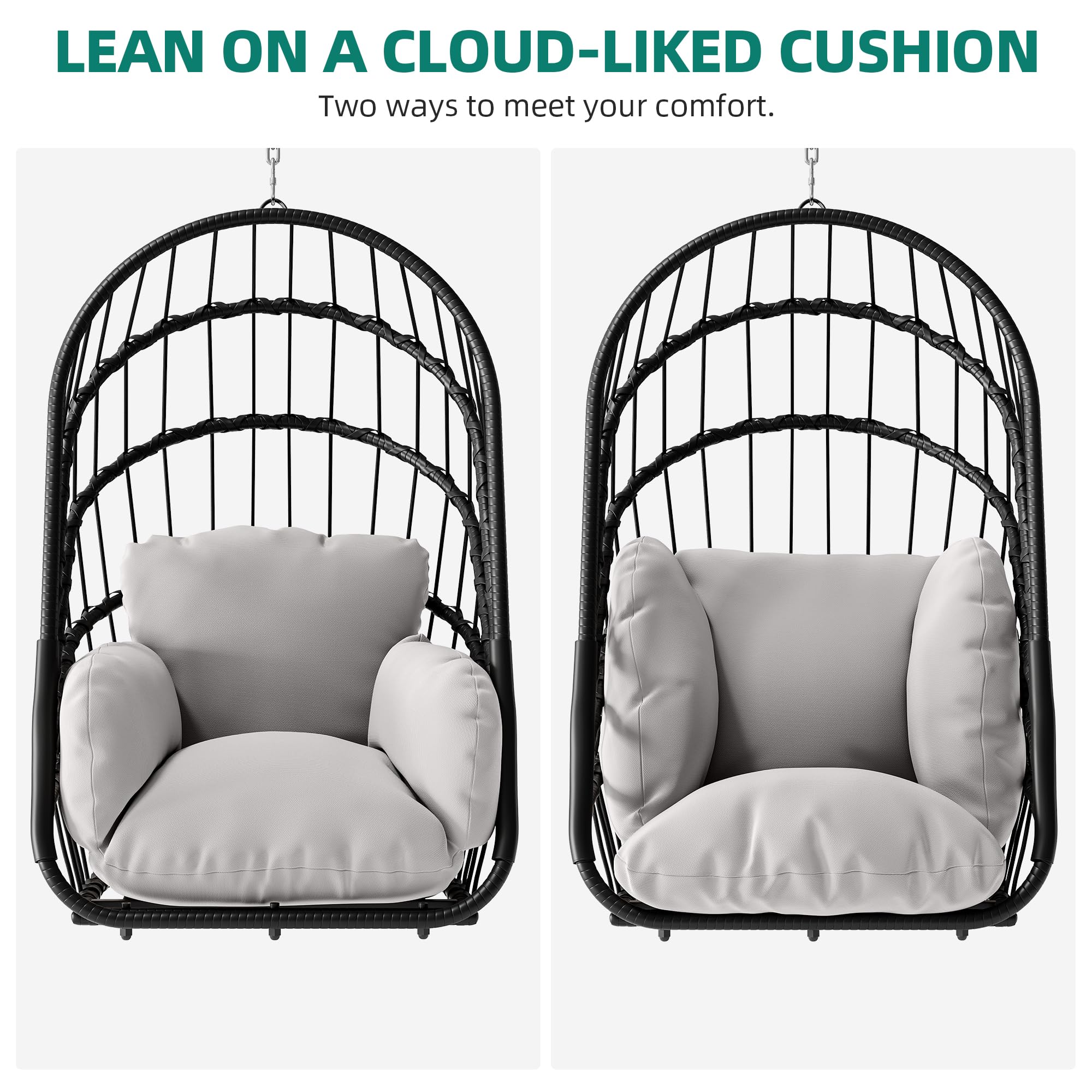 YITAHOME Hamaca colgante sin estructura, mecedora de ratán con cojín lavable, capacidad de carga de 160 kg, silla colgante plegable para terraza, jardín, dormitorio y balcón, color gris