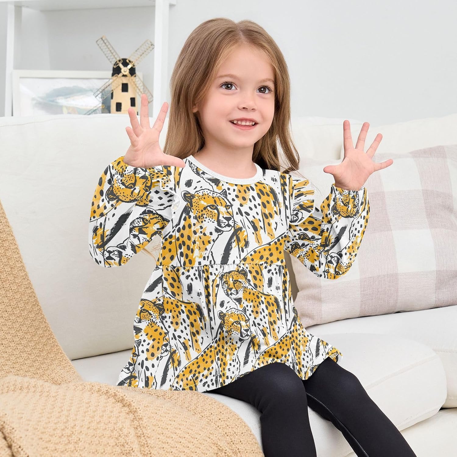 visesunny Toddler Clothes for Girls Hand-Drawn Cute Cheetah Long Sleeve Fall Shirts Cotton Top with Ruffle Collar
