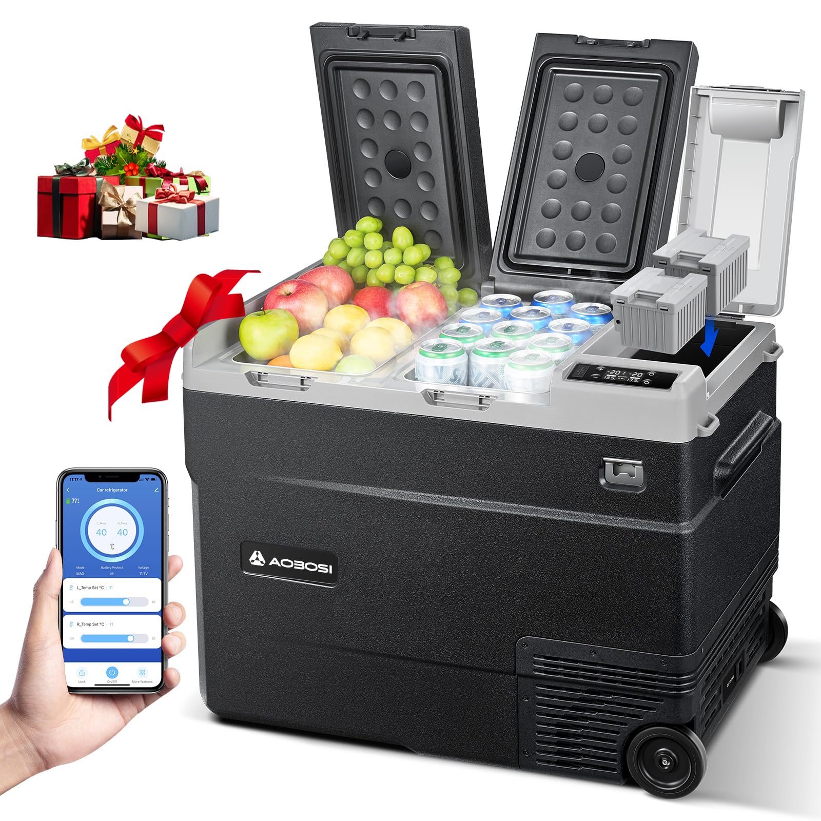 AAOBOSI 55L Kompressor Kühlbox – 12V/230V Kühlbox Elektrisch Dual Zone mit Rädern & Griff, IPX4 Wasserdicht, APP Steuerung, -20°C bis 20°C – Ideal für Auto, Camping, Boot, Wohnmobil, Angeln Outdoor