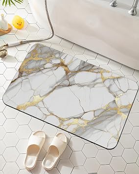 Bath Mat White Gold Marble Bathroom Rug,Soft and Non Slip Abstract Bath Rugs,Quick Drying Machine Washable Floor Mat 17 * 29.5 Inches for Shower Room,Bathtub,Kitchen Bathroom