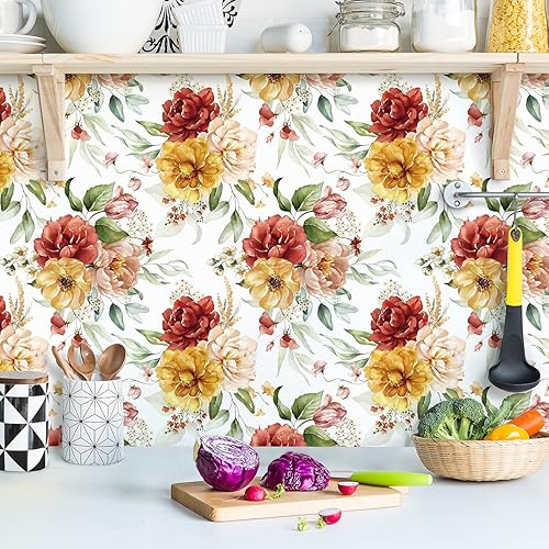 Miniatura 4 de VaryPaper Papel tapiz floral vintage para despegar y pegar, 17.7 x 78.7 pulgadas, papel tapiz de peonía de acuarela, papel de contacto floral, papel