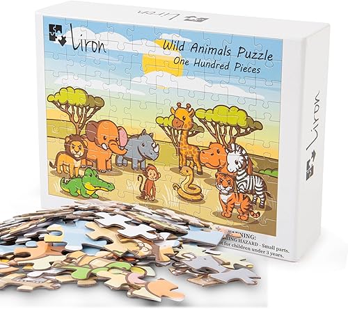 Liron Rompecabezas de safari para niños, 100 piezas, animales salvajes, tigre, rinoceronte, serpiente, cebra, mono, elefante, jirafa, cocodrilo,