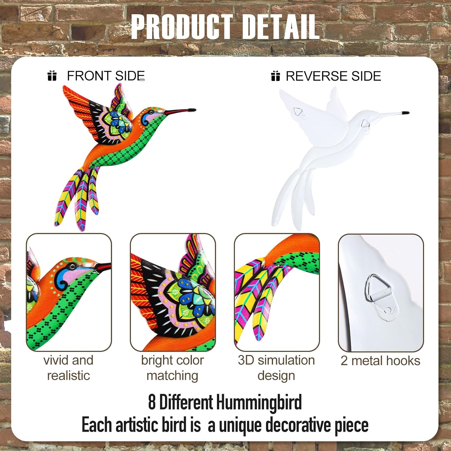 Liliful 8 Pcs Large Metal Wall Art Decor Colorful Hummingbird Outdoor Hanging Decor 3D Birds Iron Room Wall Art for Garden Fence Balcony Living Room Patio Decorations, 8.7 x 10.2 x 8.7 Inches