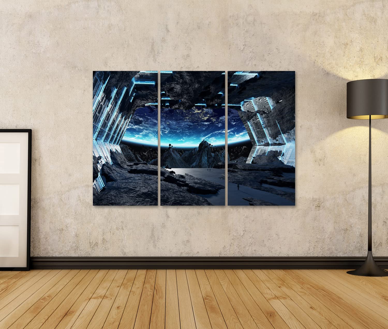 islandburner Prime - Quadro su tela, gigante asteroide con nave spaziale all'interno con vista sulla terra, per camera dei bambini, spa, poster da parete