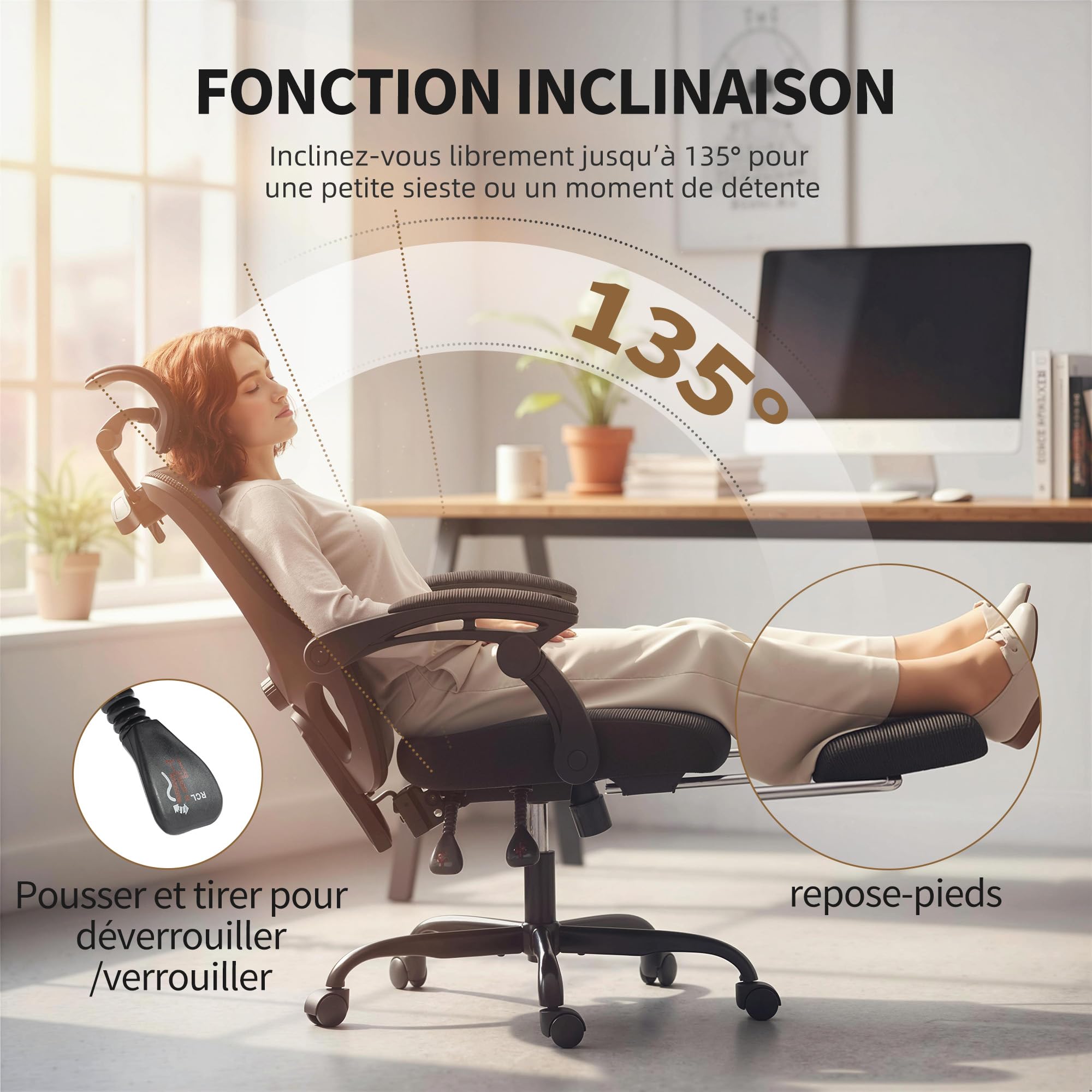 HOMCOM Chaise Bureau Ergonomique, Fauteuil de Bureau en Maille Noir