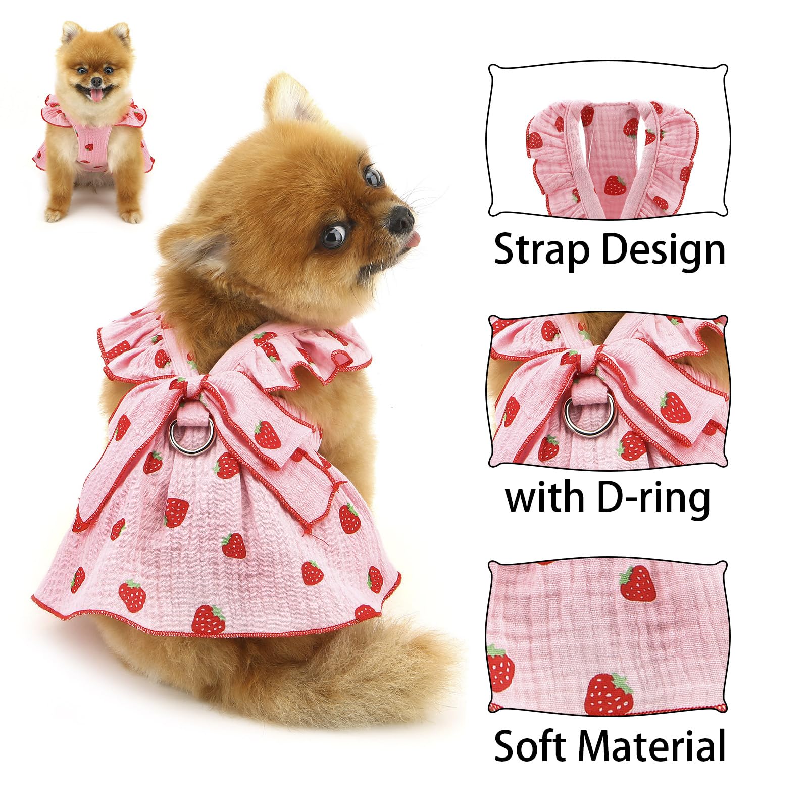 PAIDEFUL Dog Dress Clothes,Cute Strawberry Pet Dresses for Small Dog Girls Summer Puppy Strap Soft Breathable Doggie Vest Skirt with D-ring Bow Cat Princess Outfits Chihuahua Costume,Pink,XL