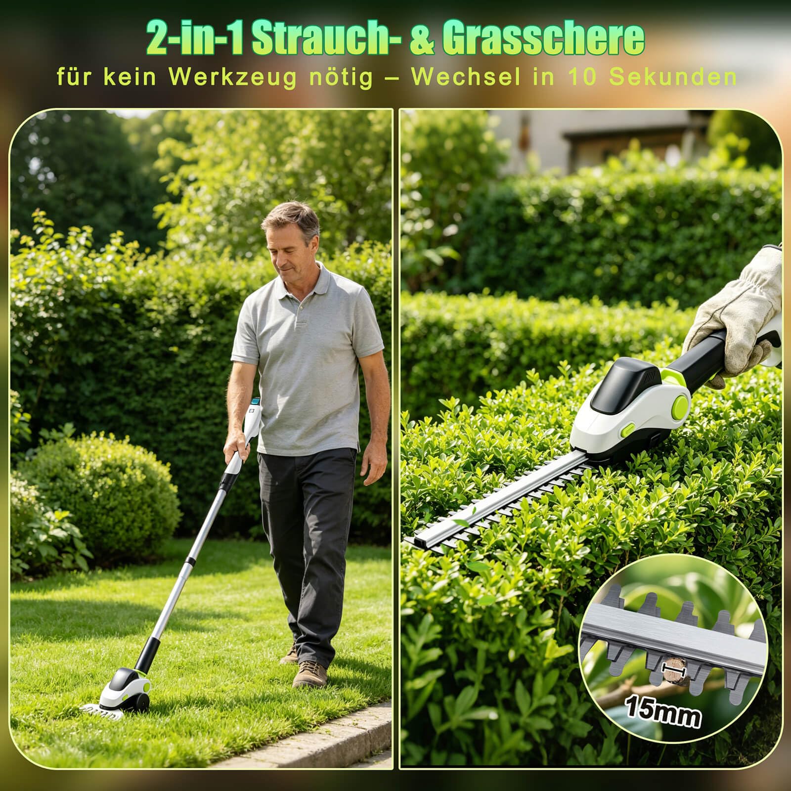 Akku Grasschere und Strauchschere für Makita 18V, 13cm Grasscherenmesser, 30cm Strauchscherenmesser,mit abnehmbarem Teleskop Stiel & 110° verstellbarem Winkel (Grau Ohne Batterie)