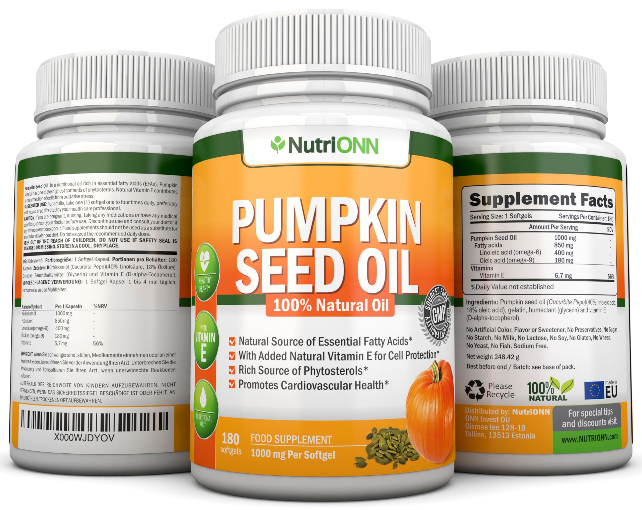 Kürbiskernöl - 1000MG - 180 Softgel Kapseln - Kaltgepresstes natürliches Kürbiskernöl - natürliche Quelle essentieller Fettsäuren - ideal für Haarwachstum, Prostatagesundheit und Gelenksentzündungen