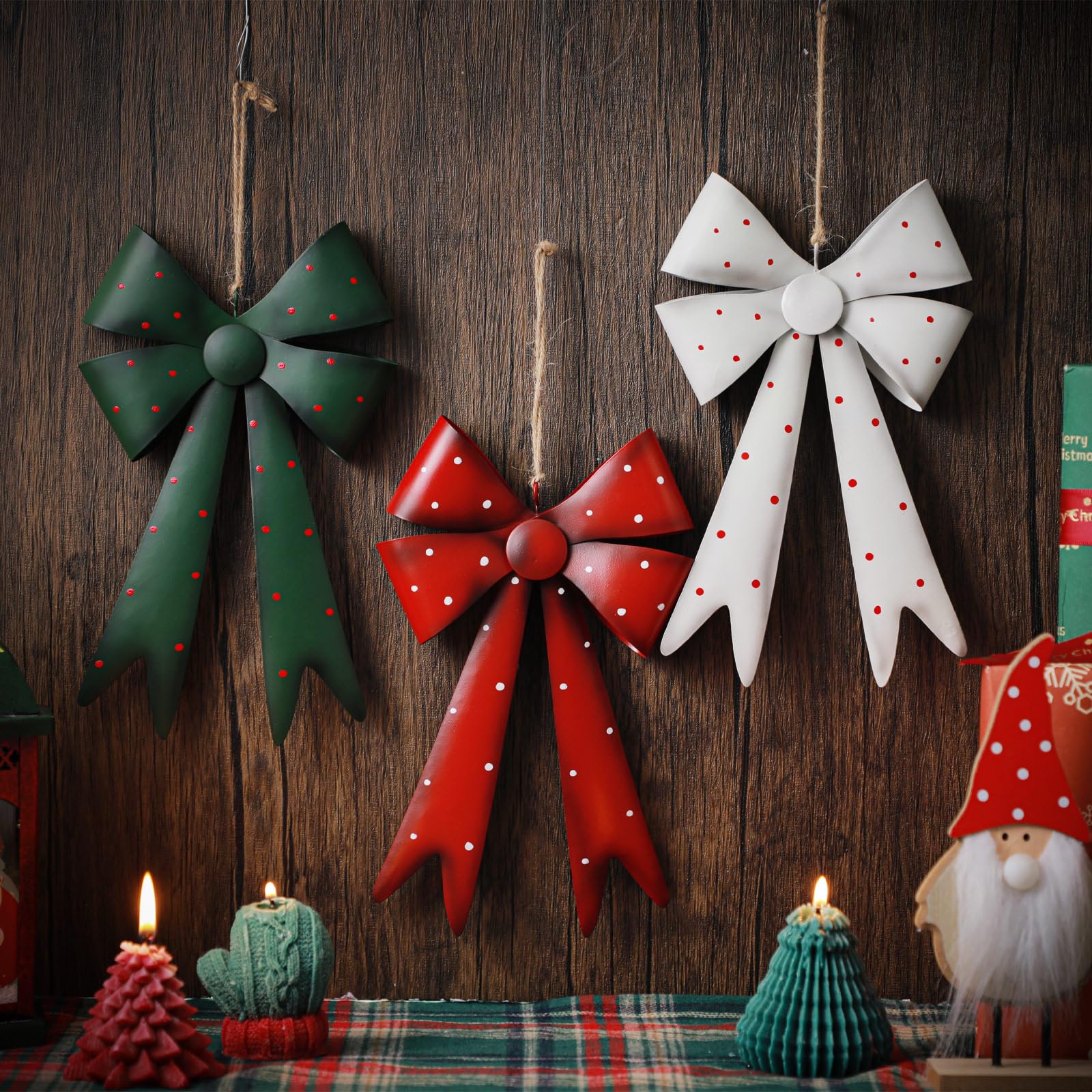 Lot de 3 nœuds de Noël en métal à grands pois - Décoration de sapin de Noël rouge, vert et blanc - Décoration pour guirlande, couronne d'intérieur et d'extérieur