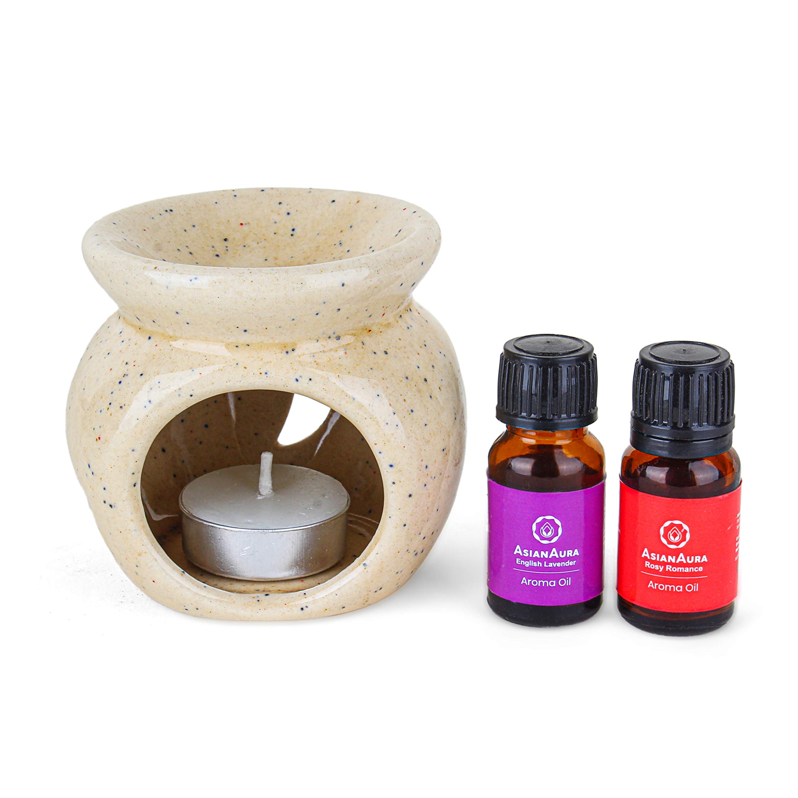 Asian Aura T-Light Diffuser with 2 10 ml Aroma Oil Fragrance Rosy Romance & English Lavender 1 Tea Light Candle (Brown)