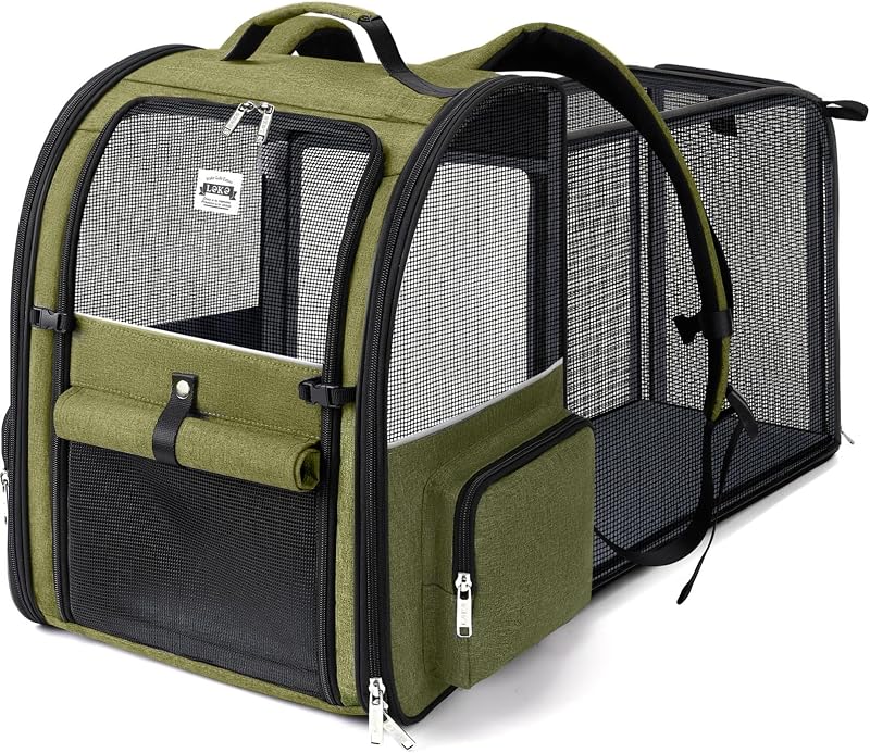 Mochila grande para gatos, mochila expandible para perros pequeños, gatos medianos, con capacidad para hasta 18 libras, mochila para perros, mochila plegable para cachorros para viajes, verde oscuro, grande