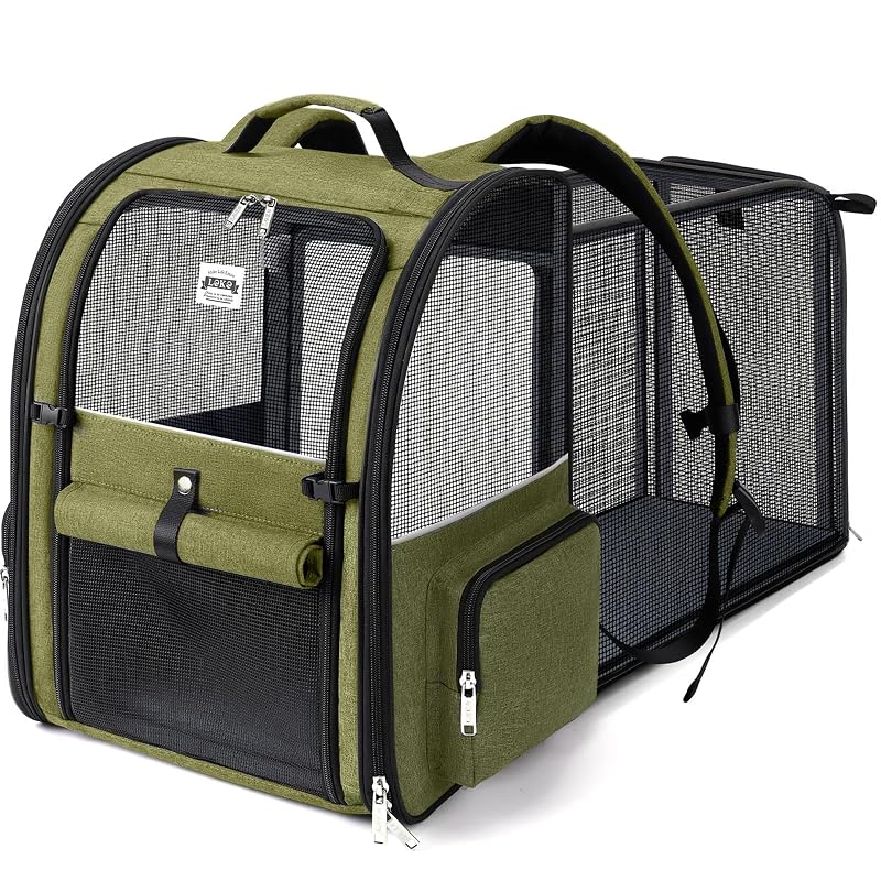 Mochila de Transporte Expansível para Cães e Gatos Lekebobor, Tecido Oxford 300D, Dark Green, Grande