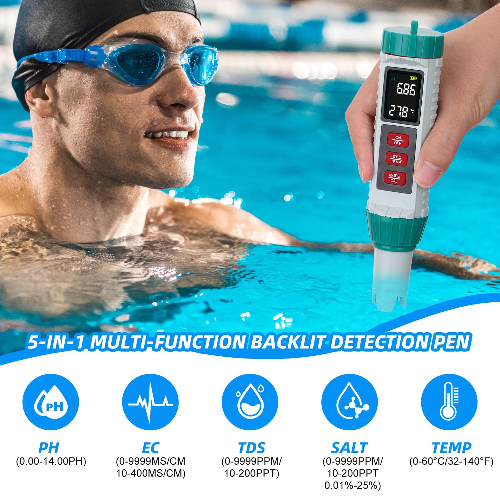 Testeur Piscine Testeur 5 En 1 PH/TDS/EC/Salinité/Température - Écran LCD, Pour Piscine/Aquarium Ph Plus Piscine