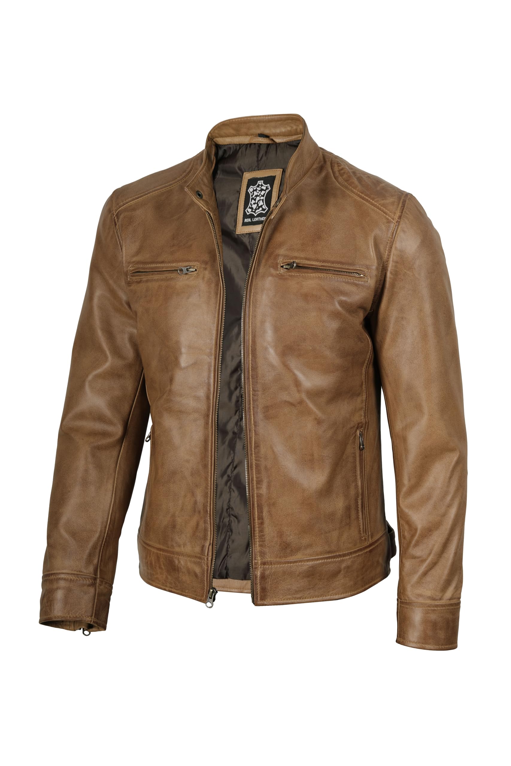 fjackets Mens Leather Jacket - Real Lambskin Cafe Racer Jacket Stand Collar Moto Biker Zip Jacket For Men