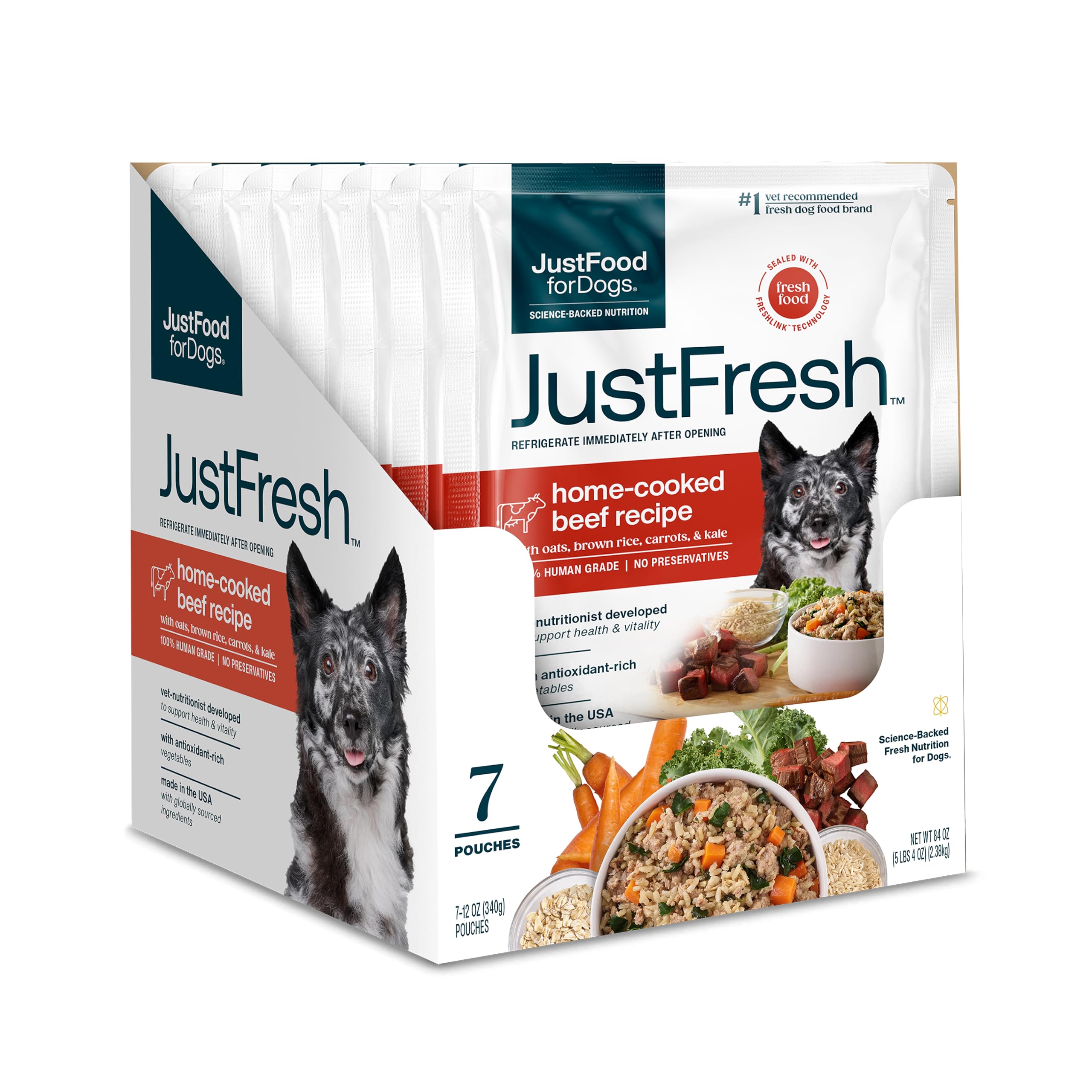 JustFoodForDogs JustFresh Wet Dog Food, Fresh Pet Meals and Toppers with No Preservatives, Resealable Package, Human Grade, Home-Cooked Beef, 12 oz - 7 Pack