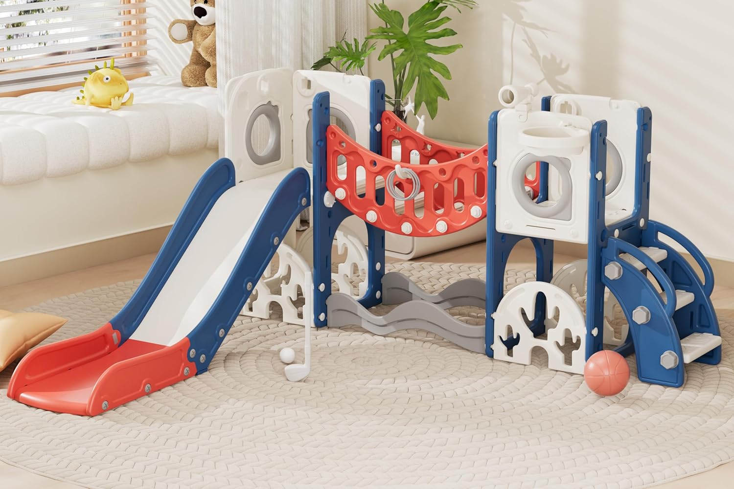 67i 9 in 1 Toddler Playground Slide Set - Monkey Bar (Climbing Arch) for Coordination, Easy Assembly, Indoor Outdoor Playset Birthday Gift with Golf/Basketball/Drawing (Red, Without Swing)