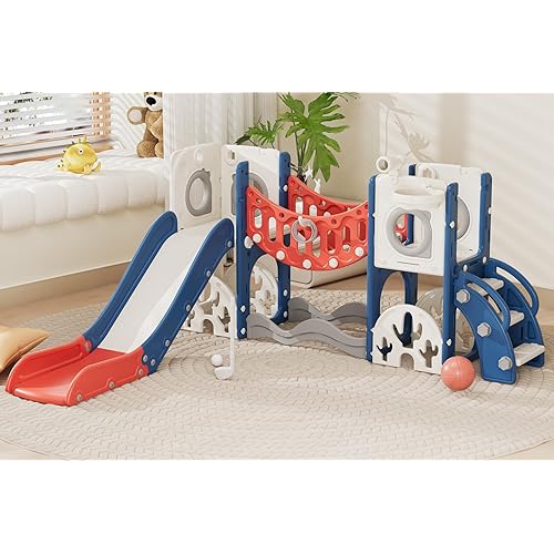 Toddler Playground Playset with Climbing Arch, Golf Set, Slide & Basketball Hoop - Outdoor Toys, Safe & Durable Plastic Garden Equipment​ (Red, Without Swing)