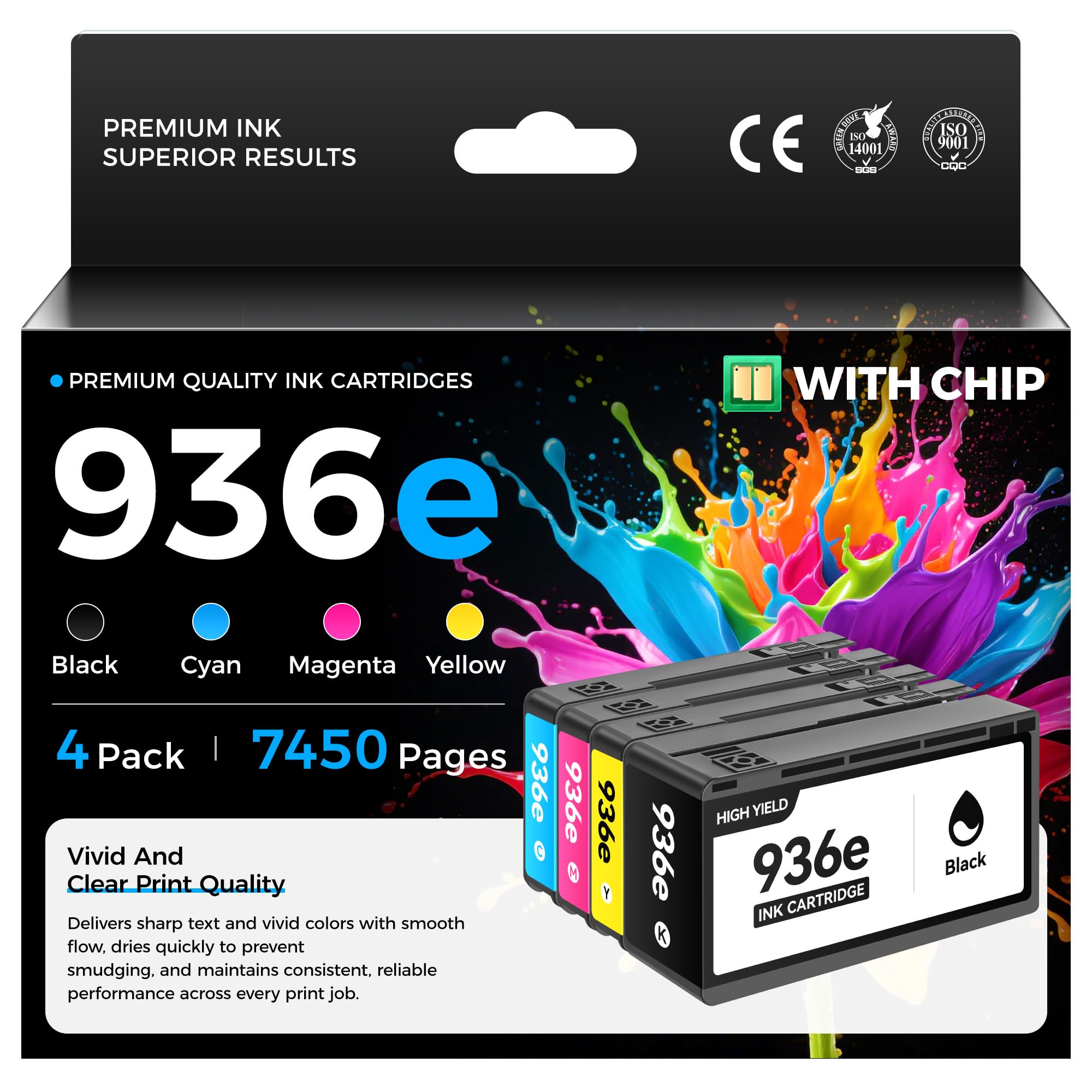 936e 936XL Ink Cartridges with Chip Combo 4-Pack High Yield Replacement for HP 936e 936 Ink Works with HP OfficeJet Pro 9125e 9135e 9110b 9128e 9130b