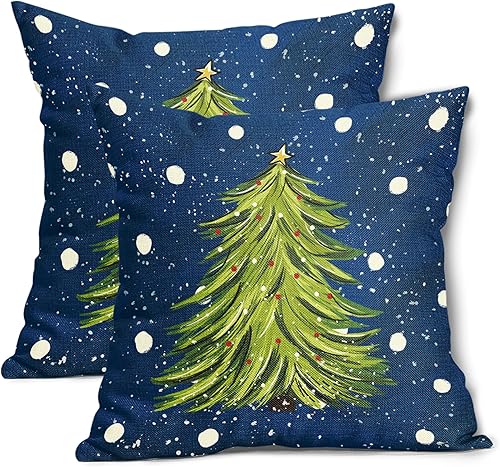 Blue Christmas Pillow Covers 20X20 Inch Set of 2 Watercolor Green Xmas Tree Decorative Pillow Cases Winter Holiday Cotton Linen Cushion Case