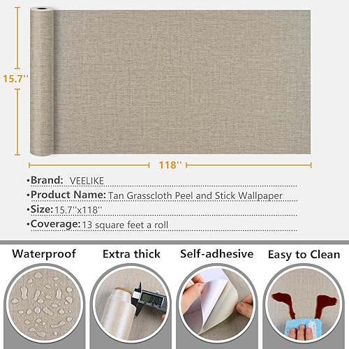 Miniatura 9 de VEELIKE Papel tapiz texturizado para dormitorio, baño, 15.7 x 118 pulgadas, tela de hierba extraíble, papel de pared de lino, autoadhesivo, papel de