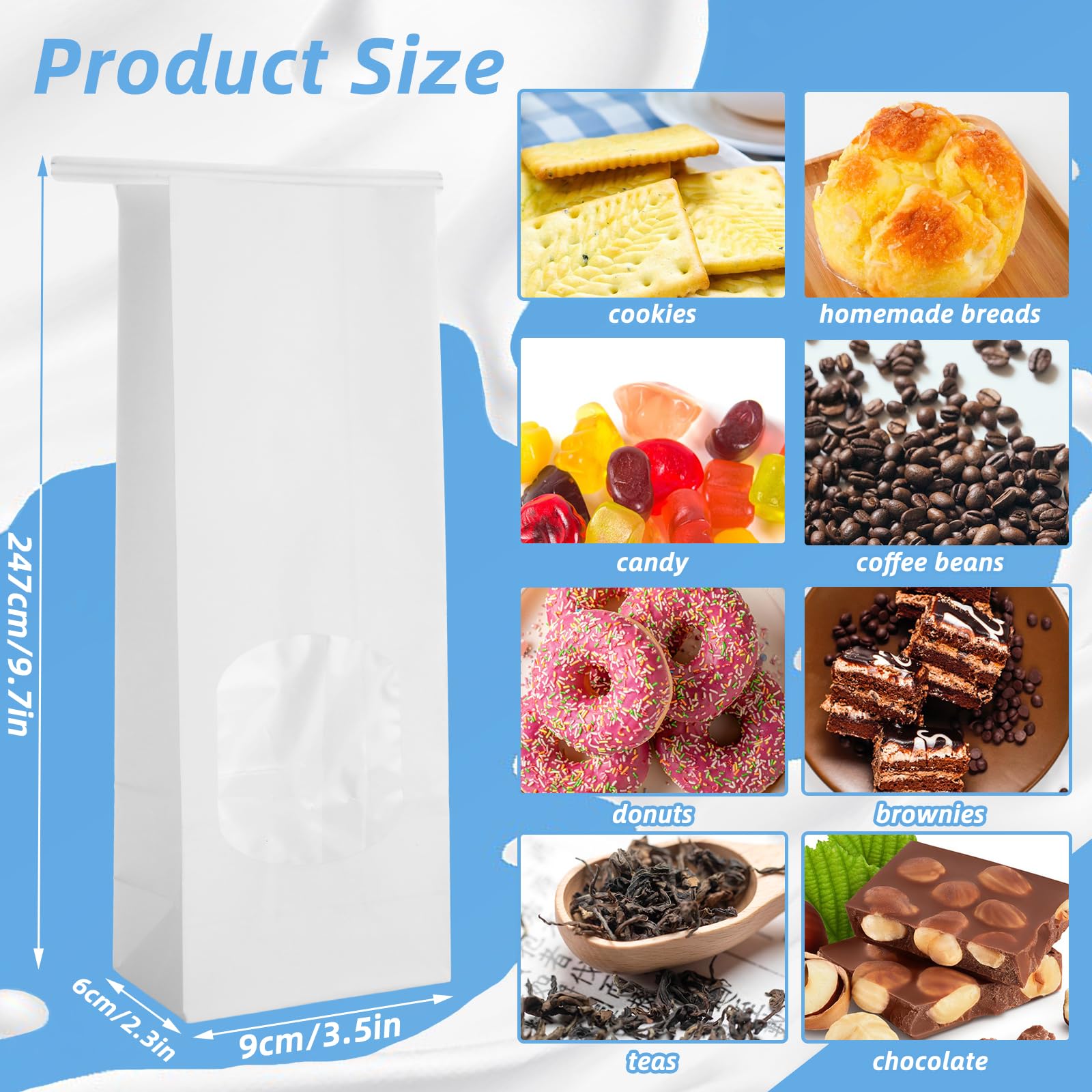 QTLCOHD 100Pcs Bakery Bags with Window 3.5 x 2.4 x 9.8 Inch White Paper Bread Bags Tin Tie Tab Lock Cookie Paper Treat Bag for Packaging Cookies Pastry Loaf Popcorn
