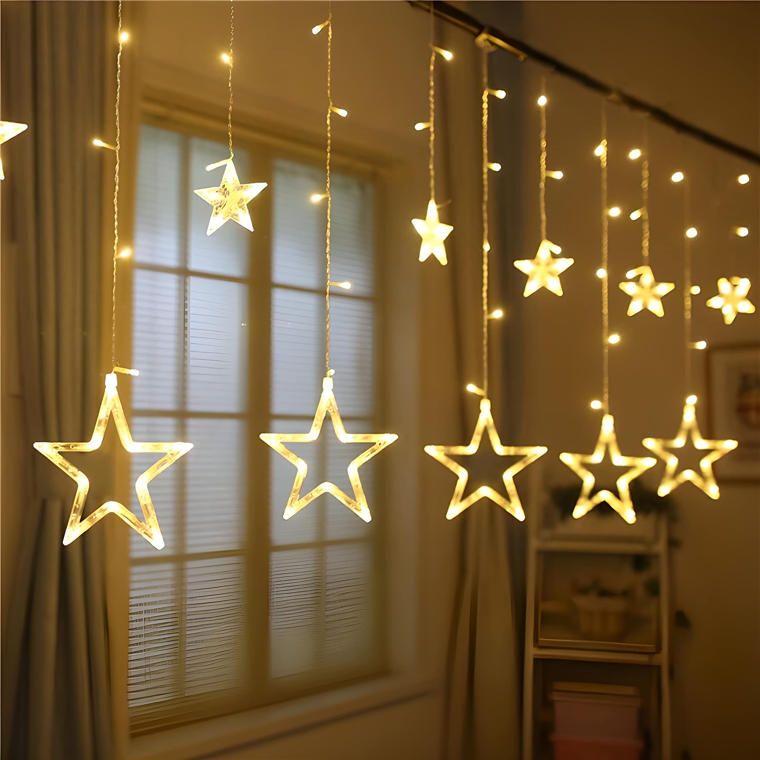 D-tone® 12 Stars Waterproof 150 HQ Pixel LED Curtain String Decoration Lights for Decoration Festival with 8 Modes for Diwali, Christmas, Ramadan Party, Room, Bedroom, Wedding, Lawn (Warm White)