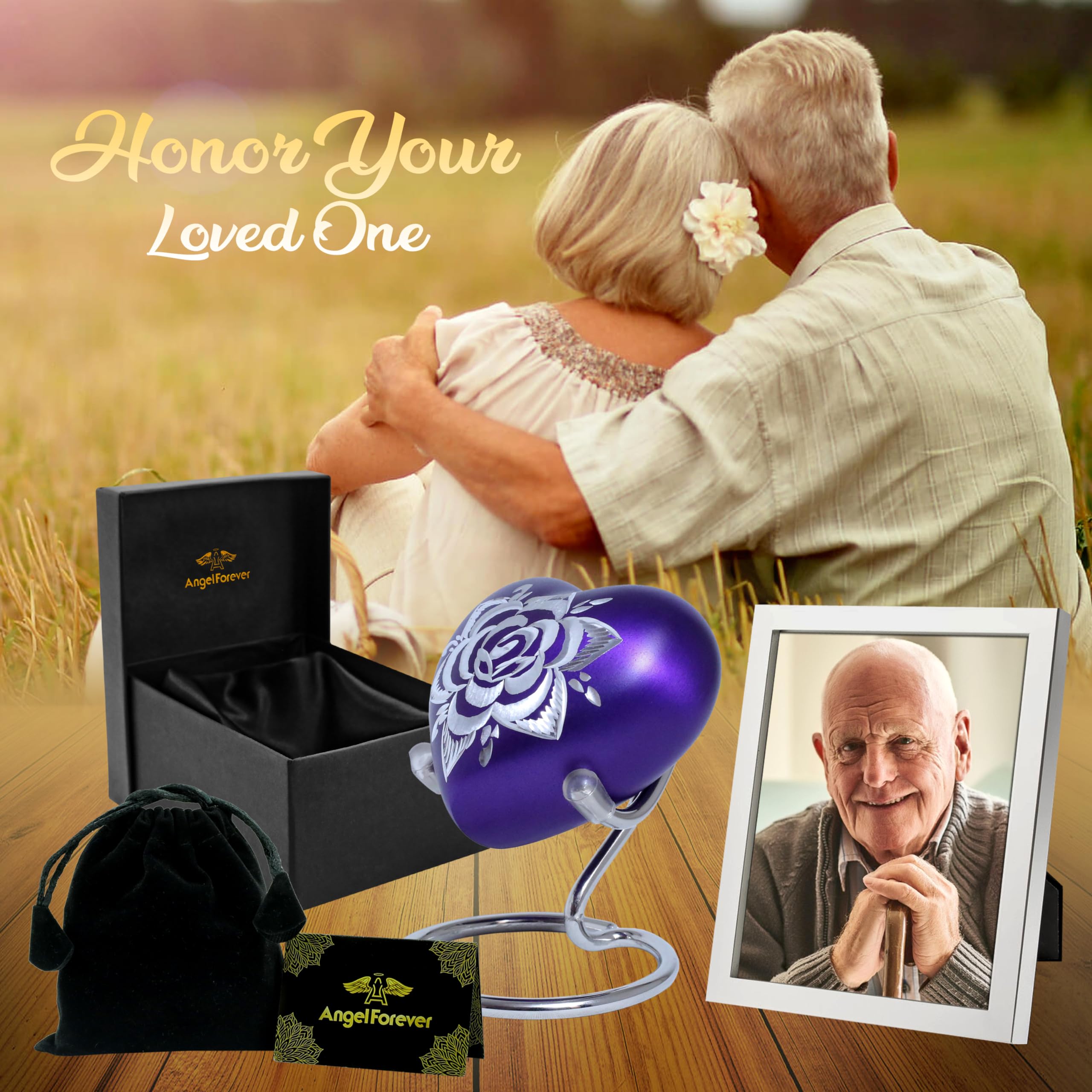 Angel Forever Urna de recuerdo de corazón con soporte con caja premium, honra a tu ser querido con mini urna en forma de corazón, urna de cremación de corazón, rosa mate púrpura