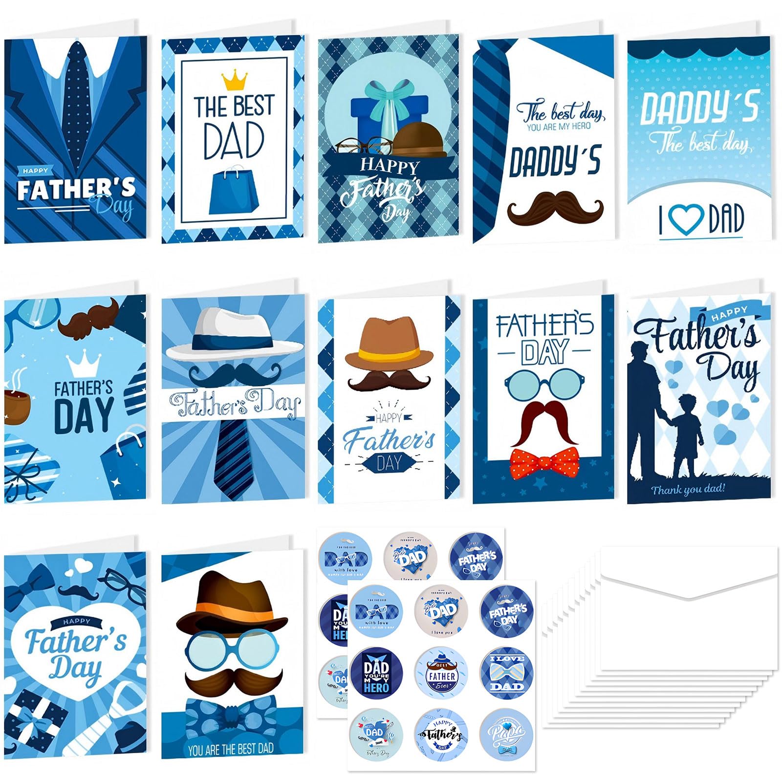 12 Pcs Father's Day Cards, Happy Father's Day Greeting Cards with Matching Envelopes Stickers, Best Dad Invitation Card, Thank You Dad Card from Daughter Son, Foldable Fathers Day Greeting Card
