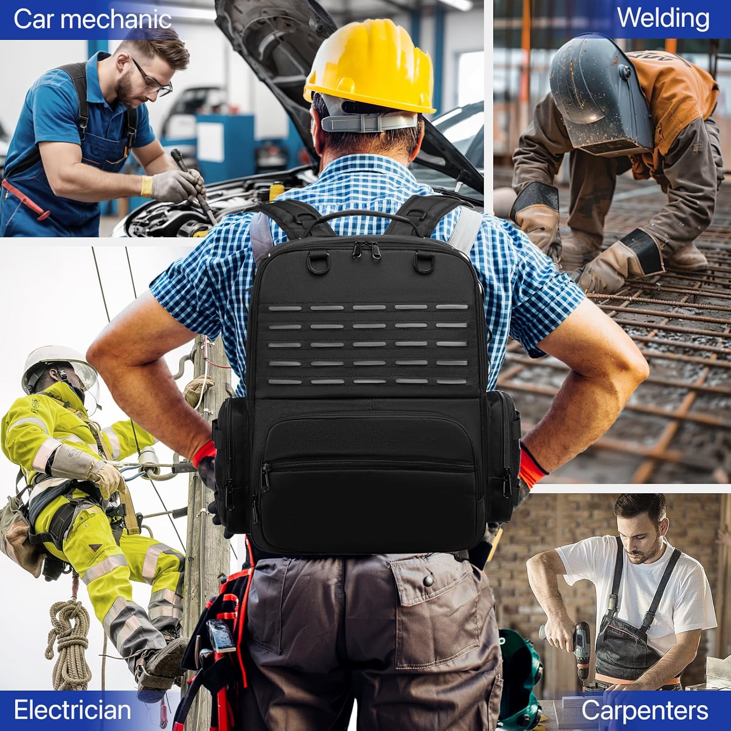 Tool Backpack,Heavy Duty Tool Bags for Men,Tool Storage Organizer Bag With 3 Tool Pouches for Electrician/Industrial/Construction/Tactical/Hvac Techs/Repairman Work - Image 6